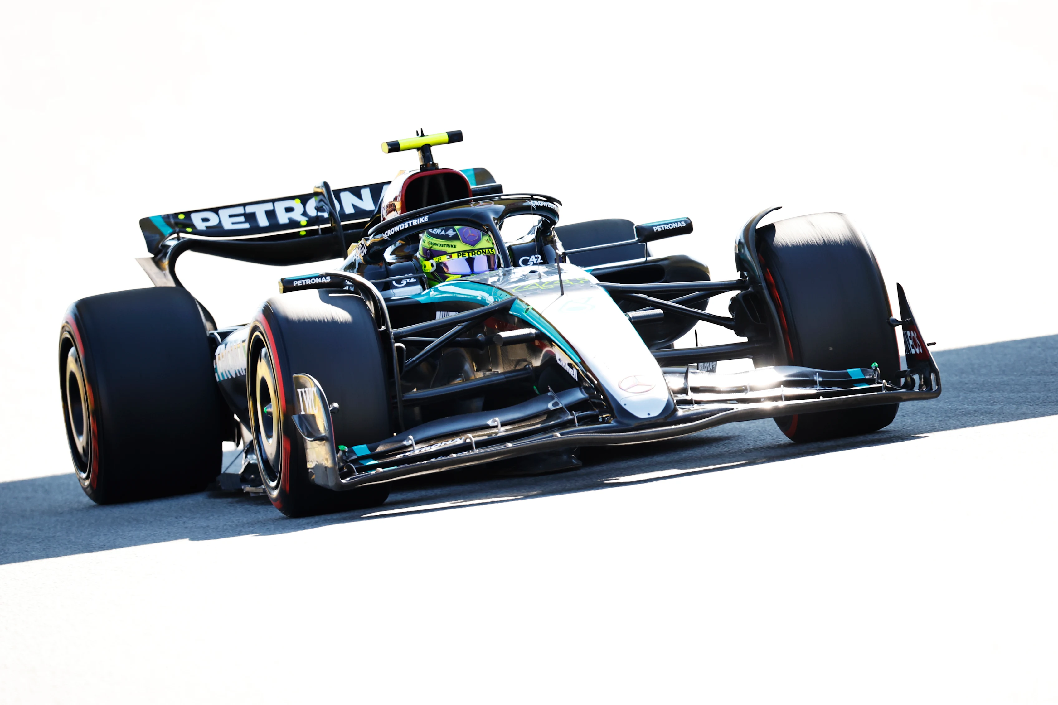 BARCELONA, SPAIN - JUNE 21: Lewis Hamilton of Great Britain driving the (44) Mercedes AMG Petronas F1 Team W15 on track during practice ahead of the F1 Grand Prix of Spain at Circuit de Barcelona-Catalunya on June 21, 2024 in Barcelona, Spain. (Photo by Chris Graythen/Getty Images)