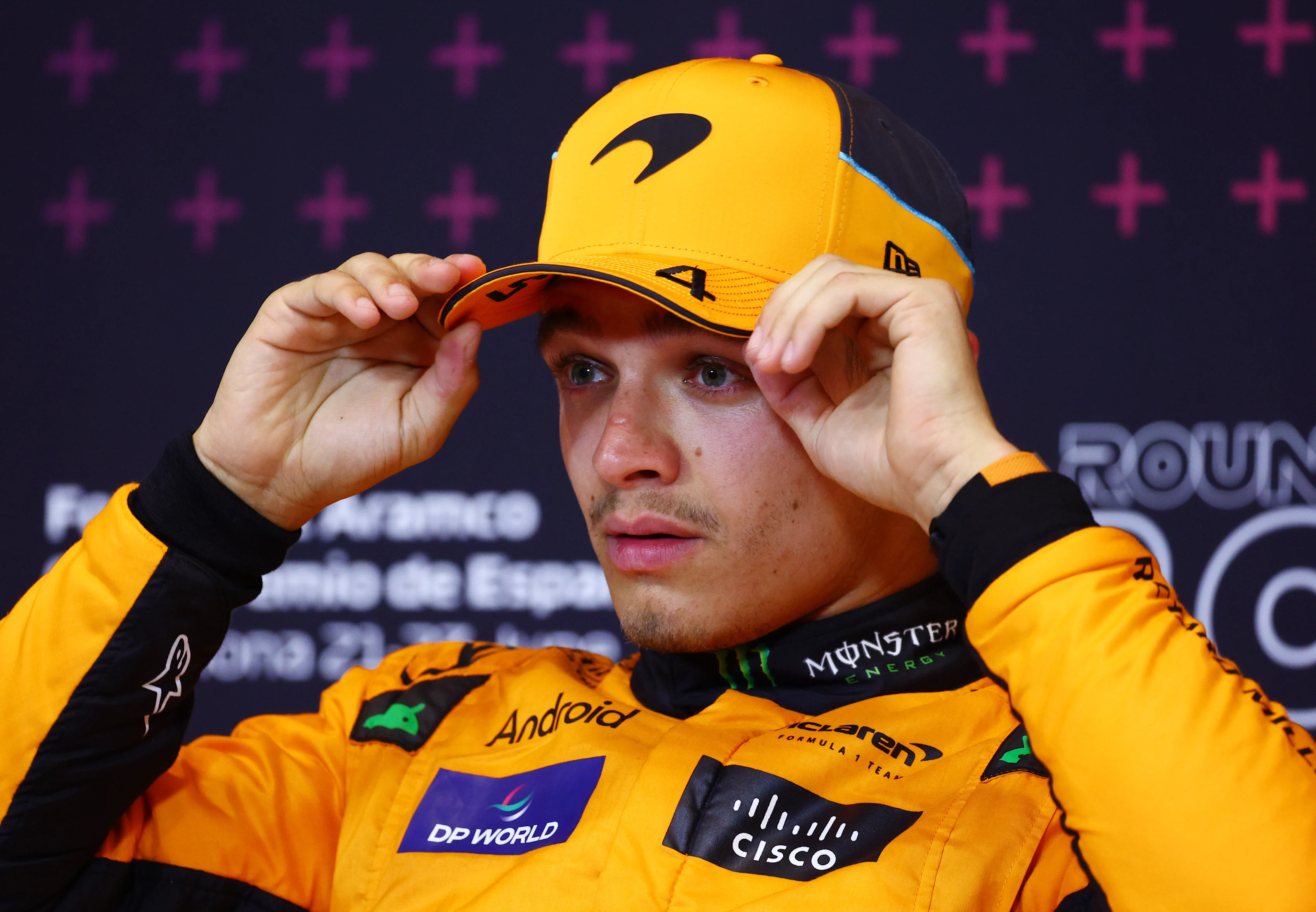 BARCELONA, SPAIN - JUNE 22: Pole position qualifier Lando Norris of Great Britain and McLaren attends the press conference after qualifying ahead of the F1 Grand Prix of Spain at Circuit de Barcelona-Catalunya on June 22, 2024 in Barcelona, Spain. (Photo by Clive Rose/Getty Images)