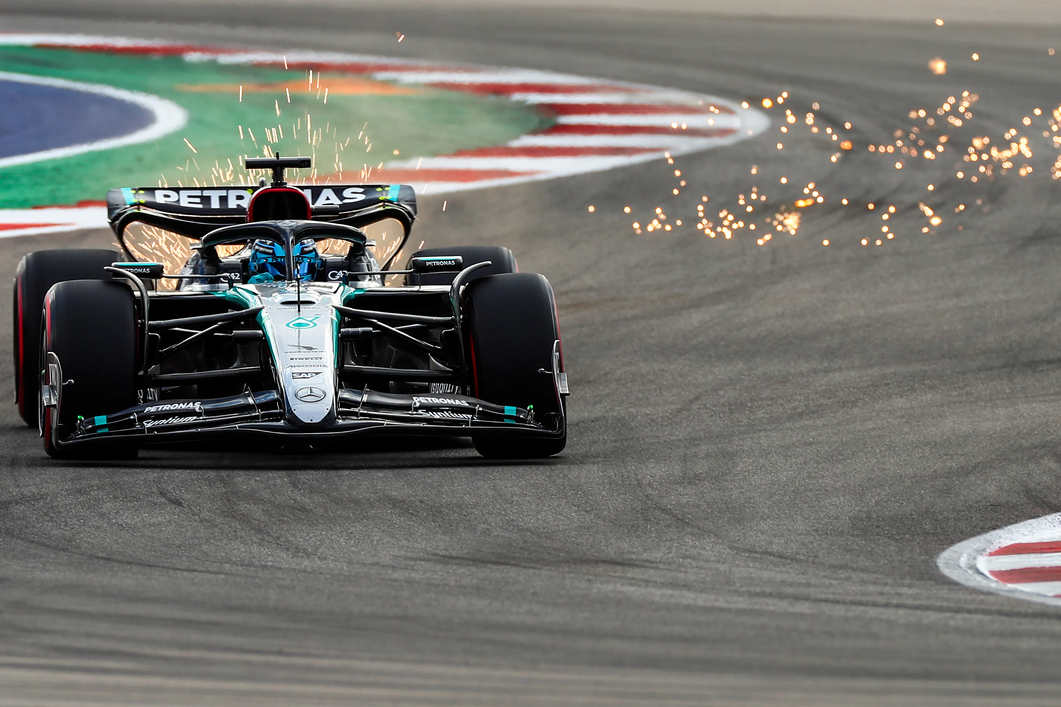 AUSTIN, TEXAS - OCTOBER 18: George Russell of Mercedes and Great Britain during sprint qualifying ahead of the F1 Grand Prix of United States at Circuit of The Americas on October 18, 2024 in Austin, Texas. (Photo by Peter Fox - Formula 1/Formula 1 via Getty Images)