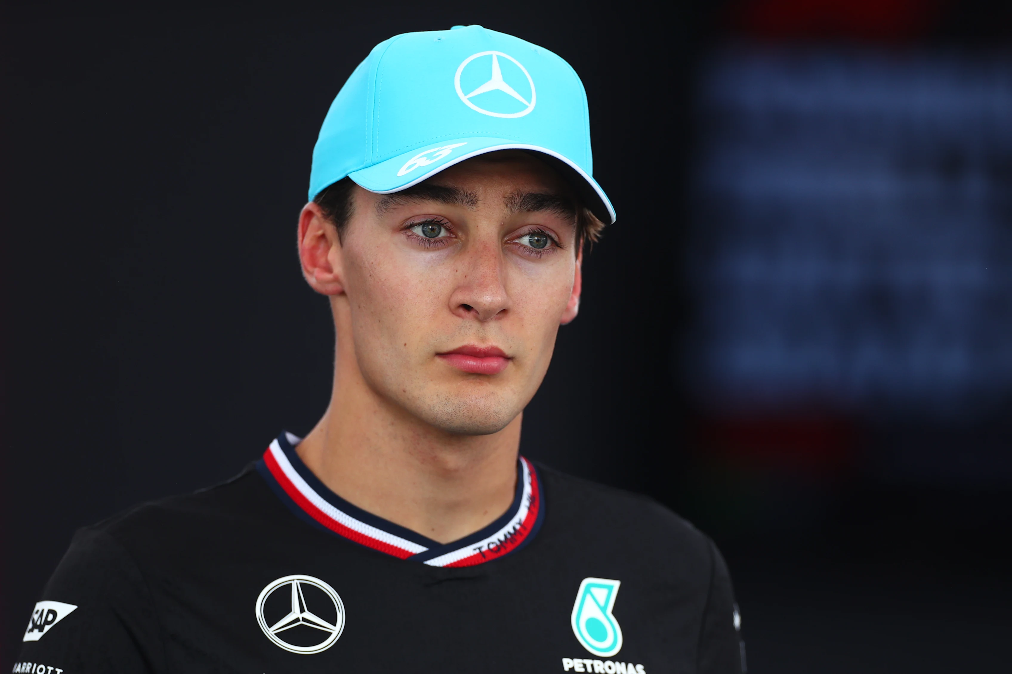 AUSTIN, TEXAS - OCTOBER 19: 5th placed George Russell of Great Britain and Mercedes talks to the media in the Paddock after the Sprint ahead of the F1 Grand Prix of United States. (Photo by Peter Fox - Formula 1/Formula 1 via Getty Images)