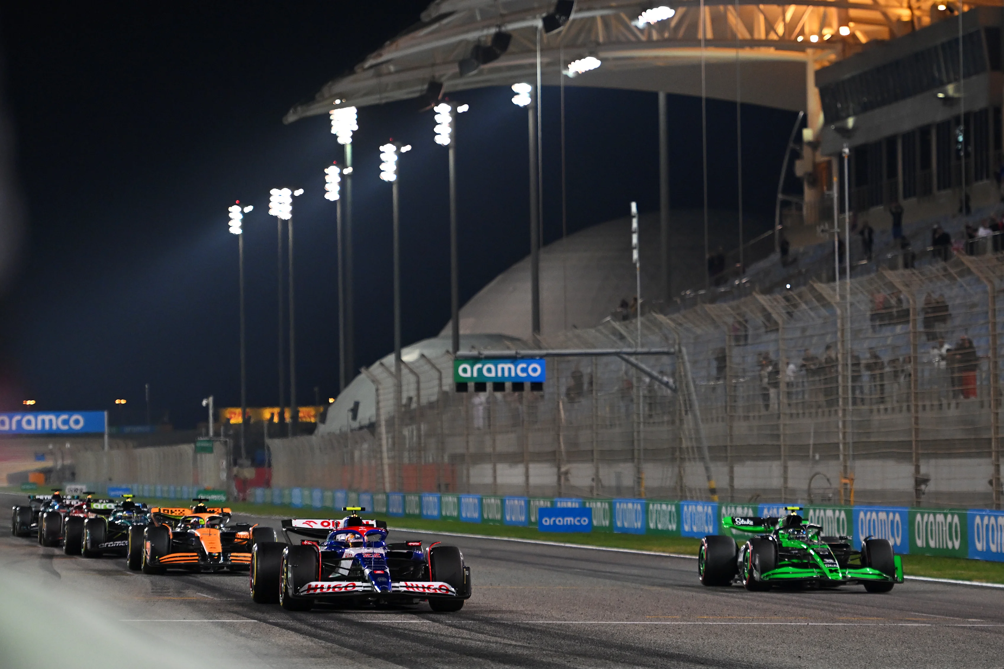 Yuki Tsunoda driving the (22) Visa Cash App RB VCARB 01 and Zhou Guanyu driving the (24) Kick Sauber C44 Ferrari practice the start procedure at F1 Testing at Bahrain International Circuit on February 23, 2024. (Photo by Rudy Carezzevoli/Getty Images)