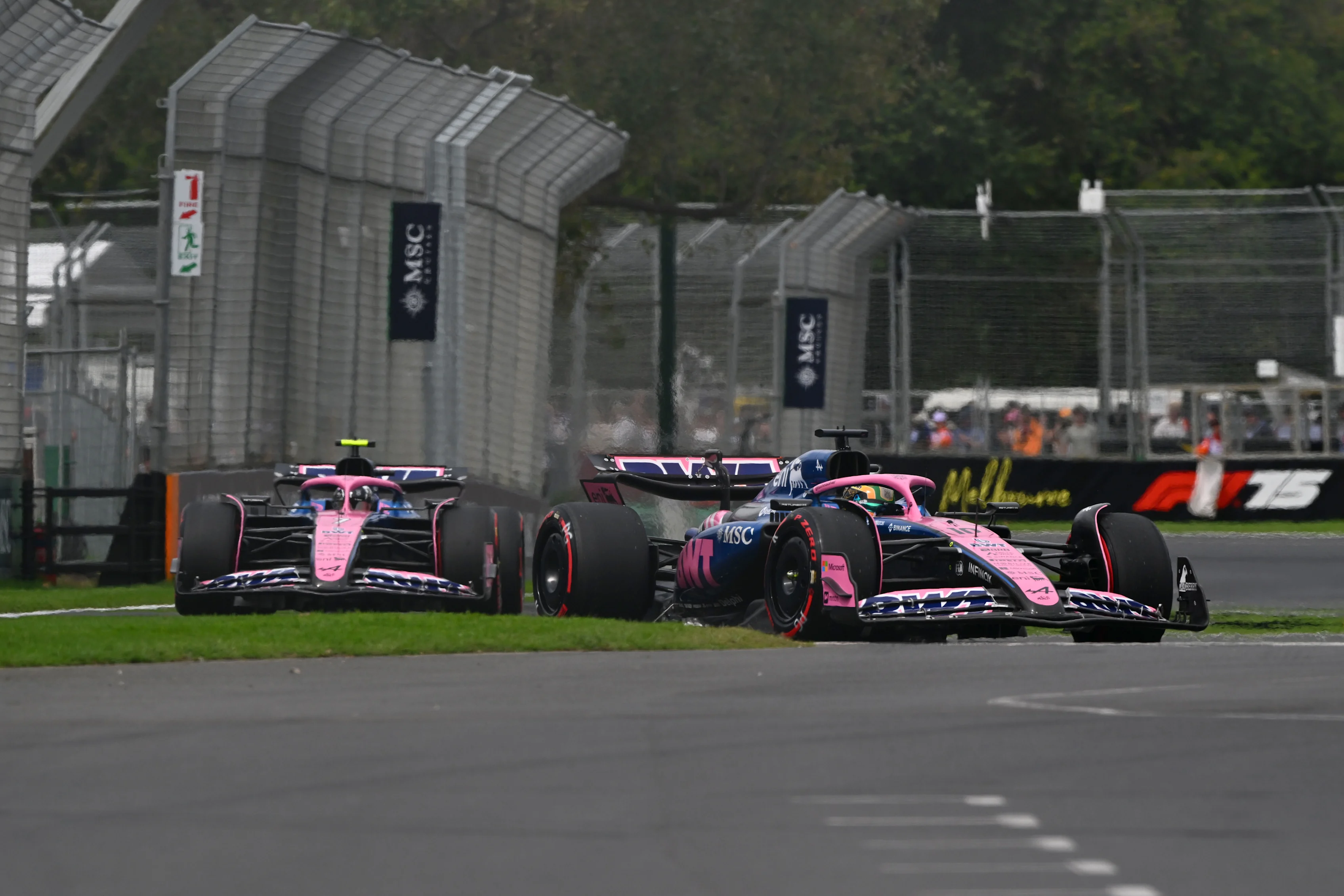 MELBOURNE, AUSTRALIA - MARCH 15: Pierre Gasly of France driving the (10) Alpine F1 A525 Renault leads Jack Doohan of Australia driving the (7) Alpine F1 A525 Renault on track during final practice ahead of the F1 Grand Prix of Australia at Albert Park Grand Prix Circuit on March 15, 2025 in Melbourne, Australia. (Photo by Mark Sutton - Formula 1/Formula 1 via Getty Images)