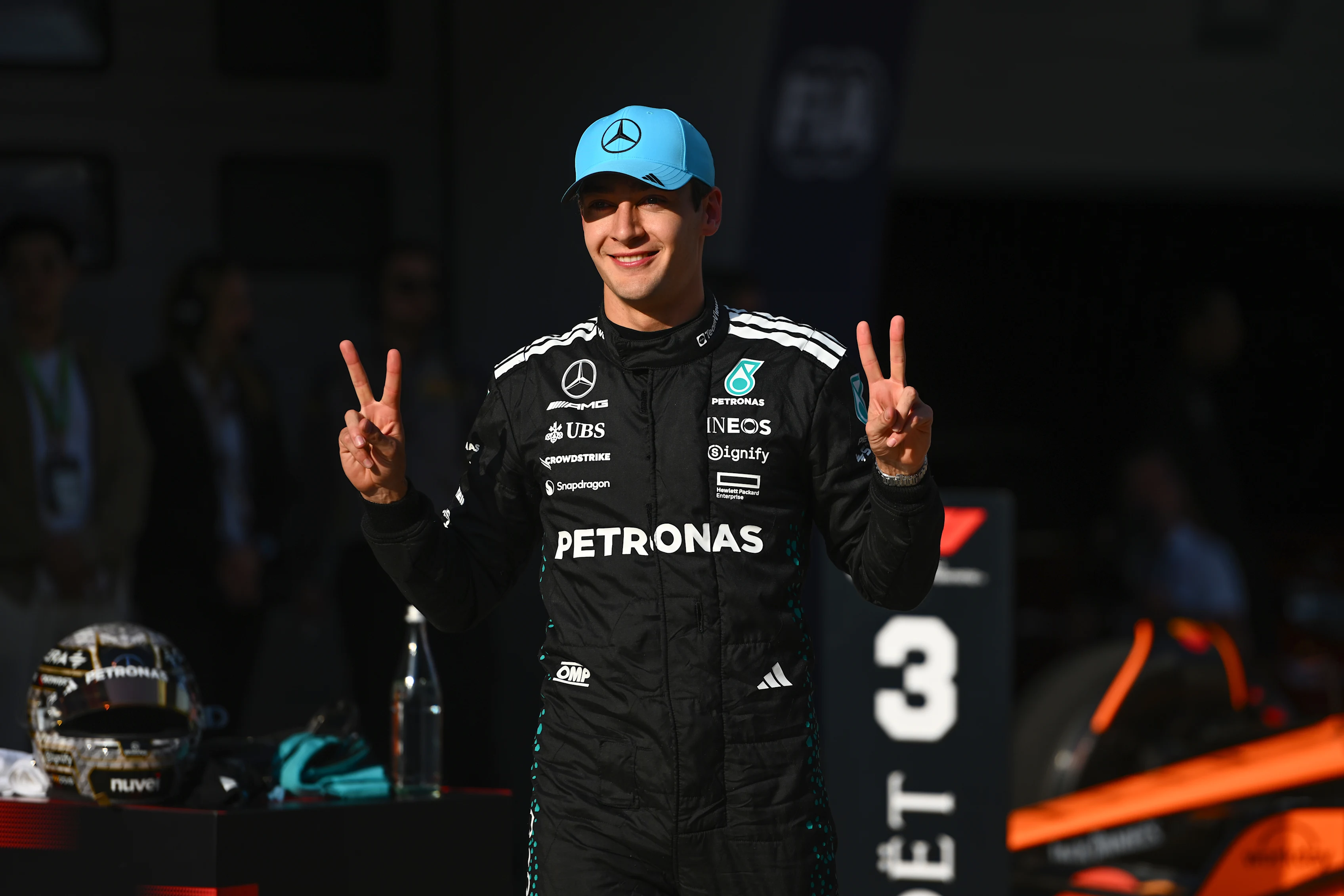 SHANGHAI, CHINA - MARCH 22: Second placed qualifier George Russell of Great Britain and Mercedes AMG Petronas F1 Team celebrates in parc ferme during qualifying ahead of the F1 Grand Prix of China at Shanghai International Circuit on March 22, 2025 in Shanghai, China. (Photo by Rudy Carezzevoli/Getty Images)