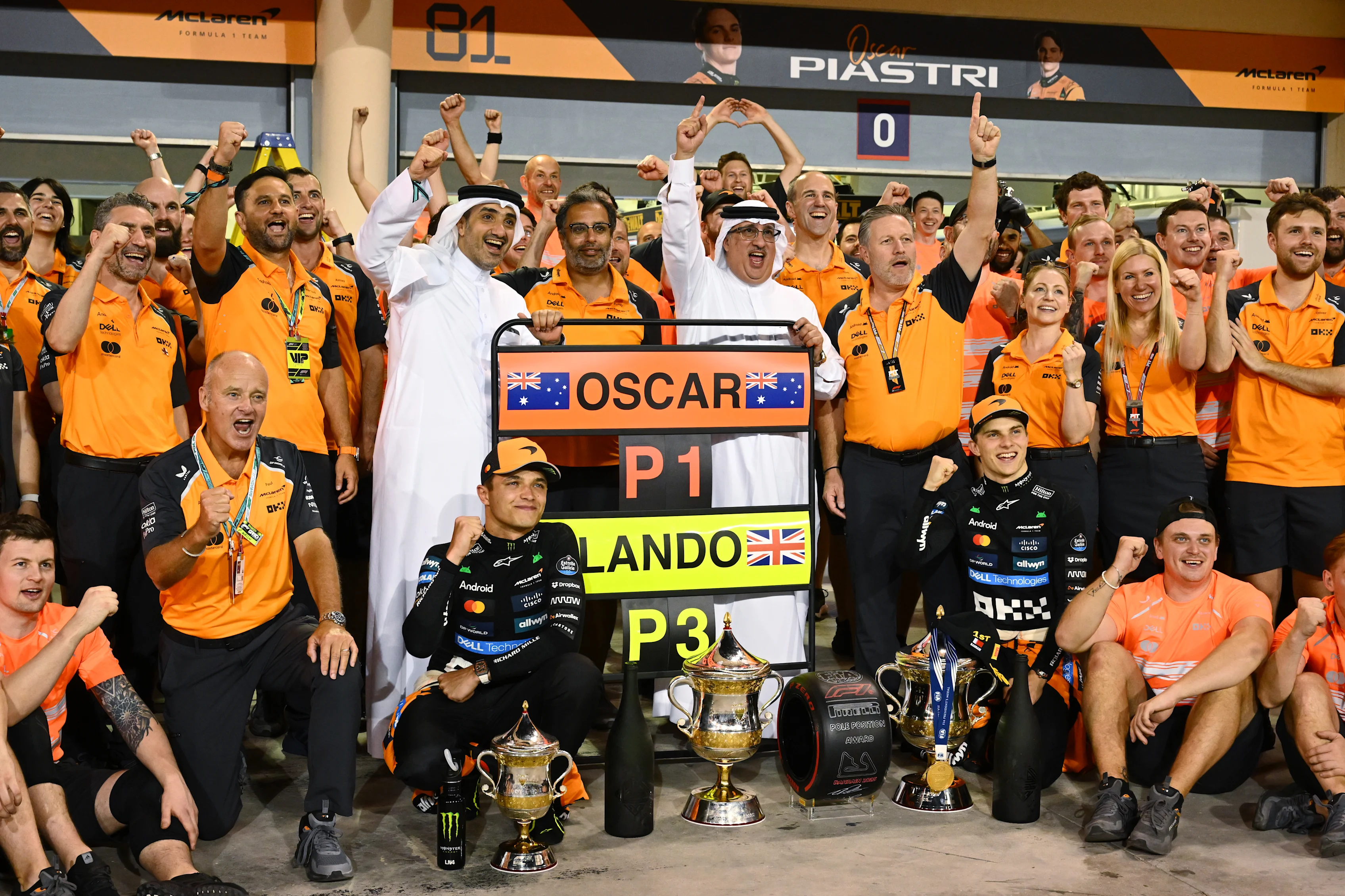 BAHRAIN, BAHRAIN - APRIL 13: Race winner Oscar Piastri of Australia and McLaren and Third placed