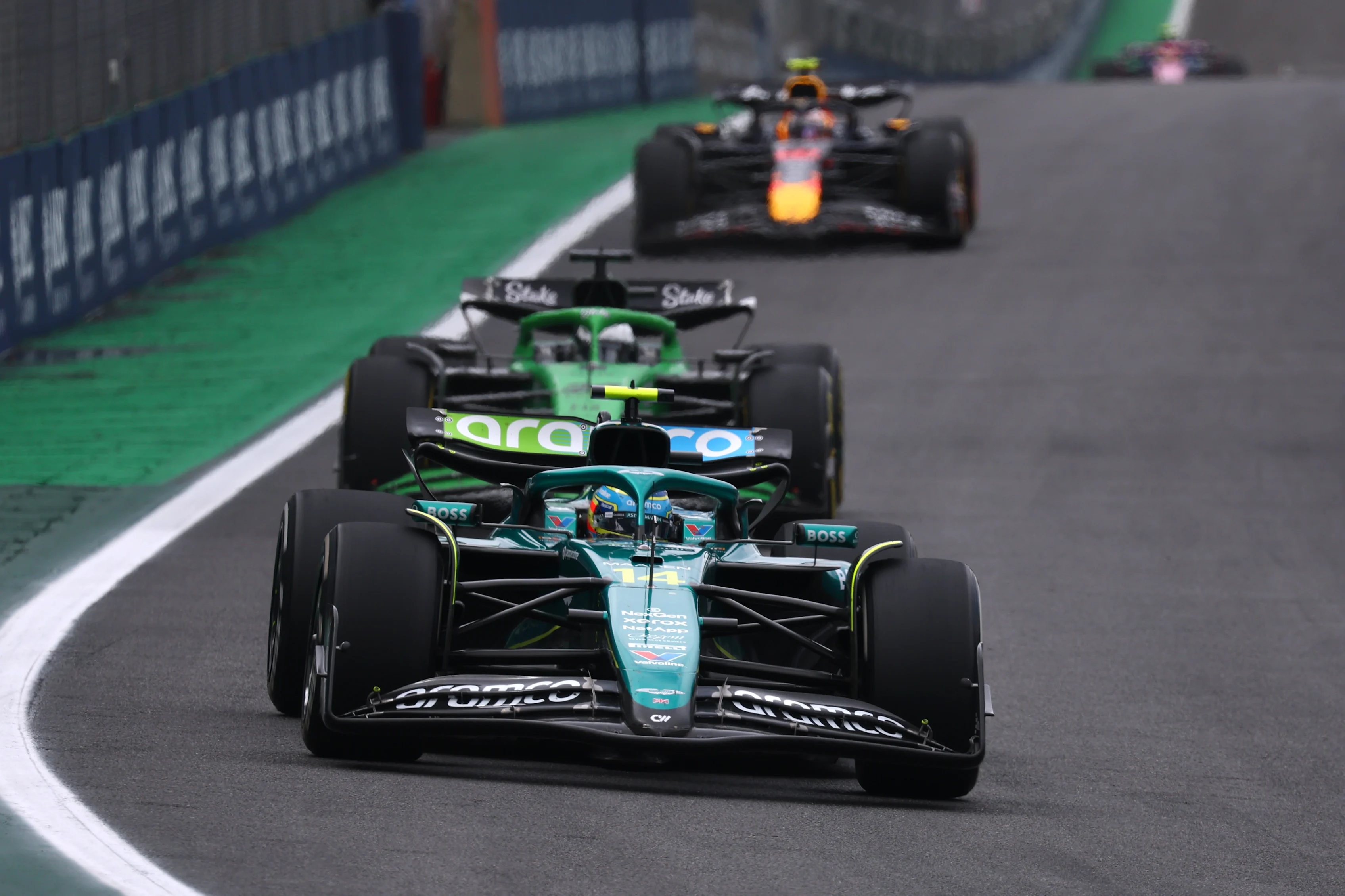 SAO PAULO, BRAZIL - NOVEMBER 09: Fernando Alonso of Spain driving the (14) Aston Martin F1 Team