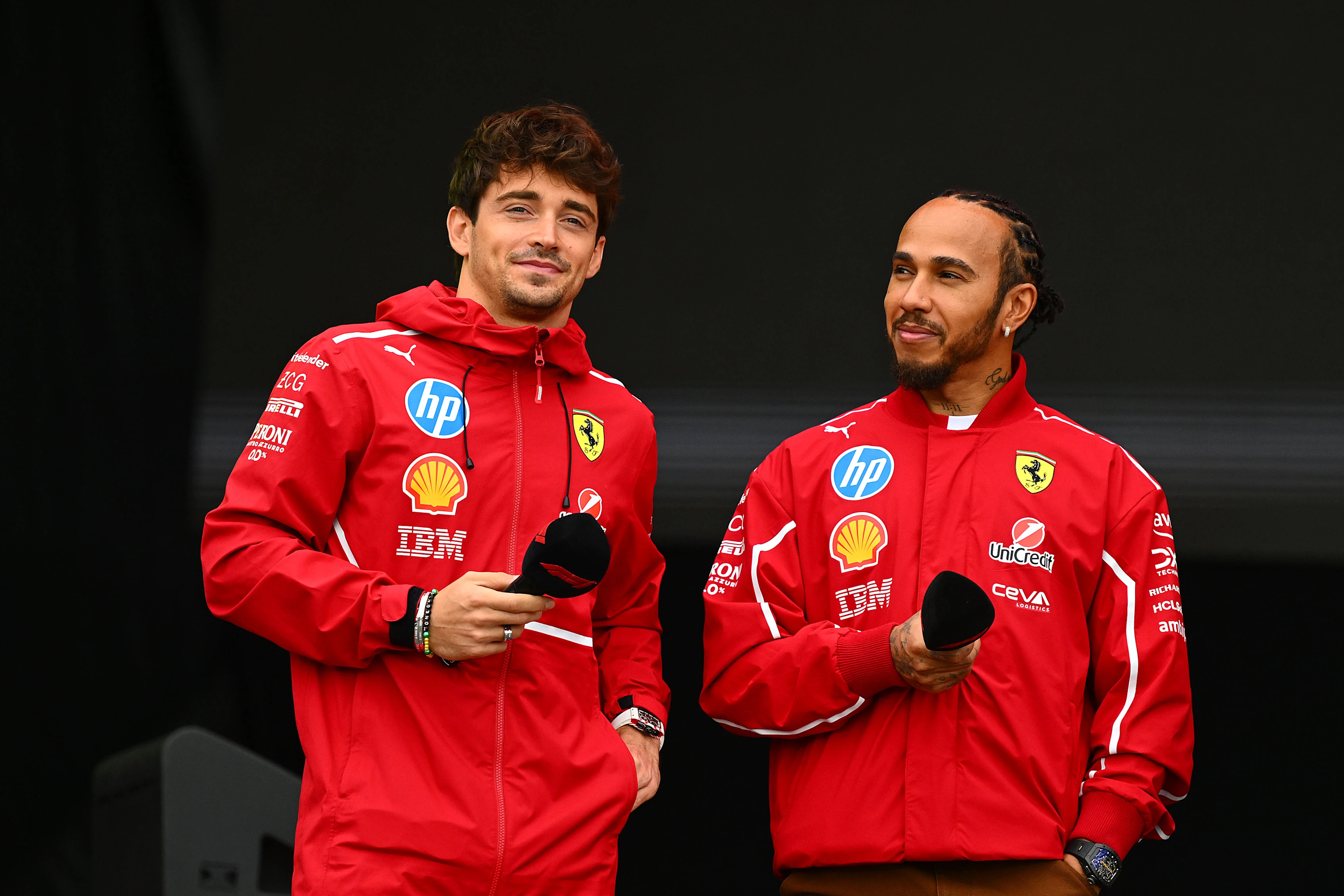 SAO PAULO, BRAZIL - NOVEMBER 07: Charles Leclerc of Monaco and Scuderia Ferrari and Lewis Hamilton