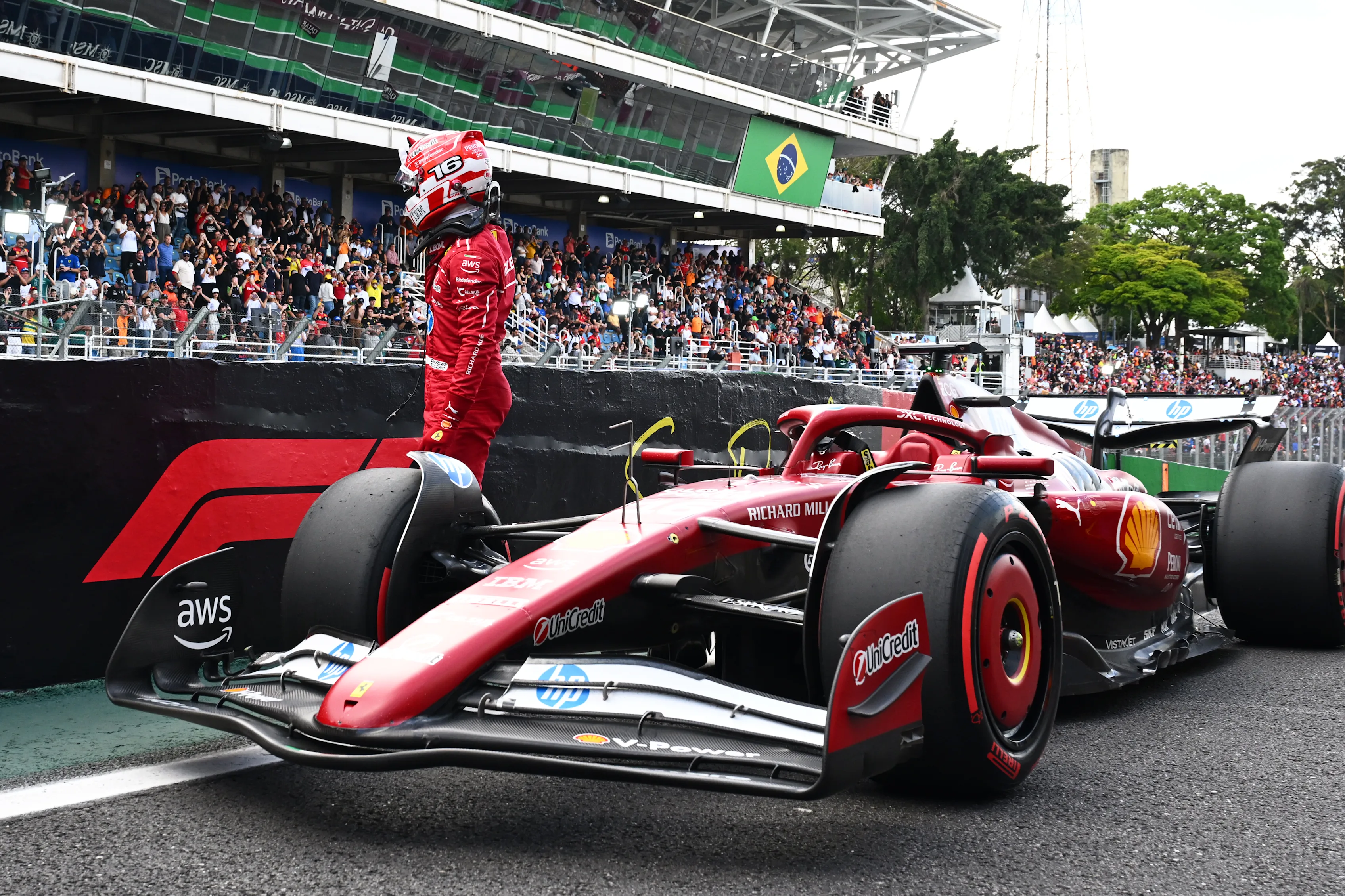 SAO PAULO, BRAZIL - NOVEMBER 08: Third placed qualifier Charles Leclerc of Monaco and Scuderia