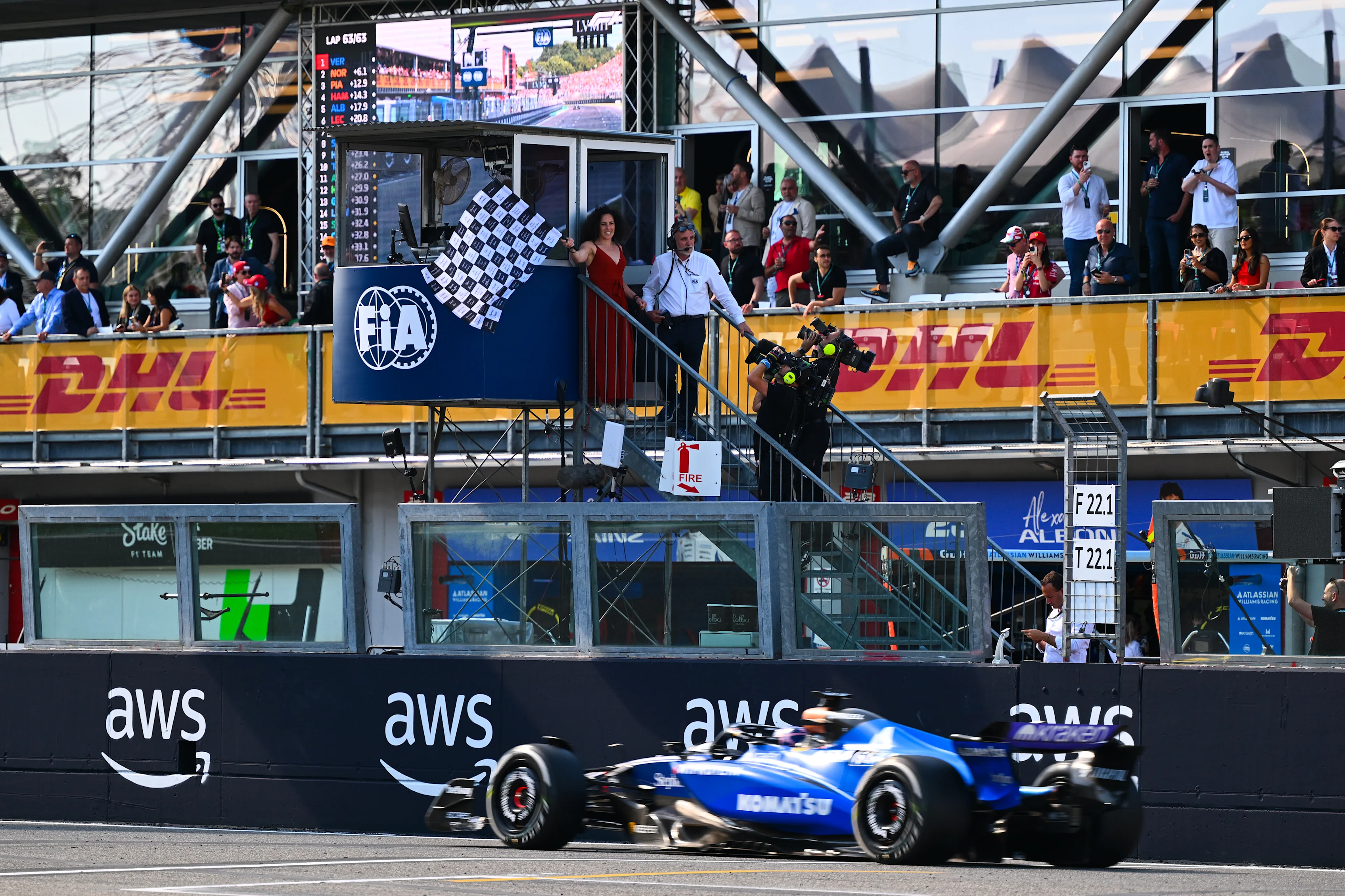 IMOLA, ITALY - MAY 18: Fifth placed Alexander Albon of Thailand driving the (23) Williams FW47