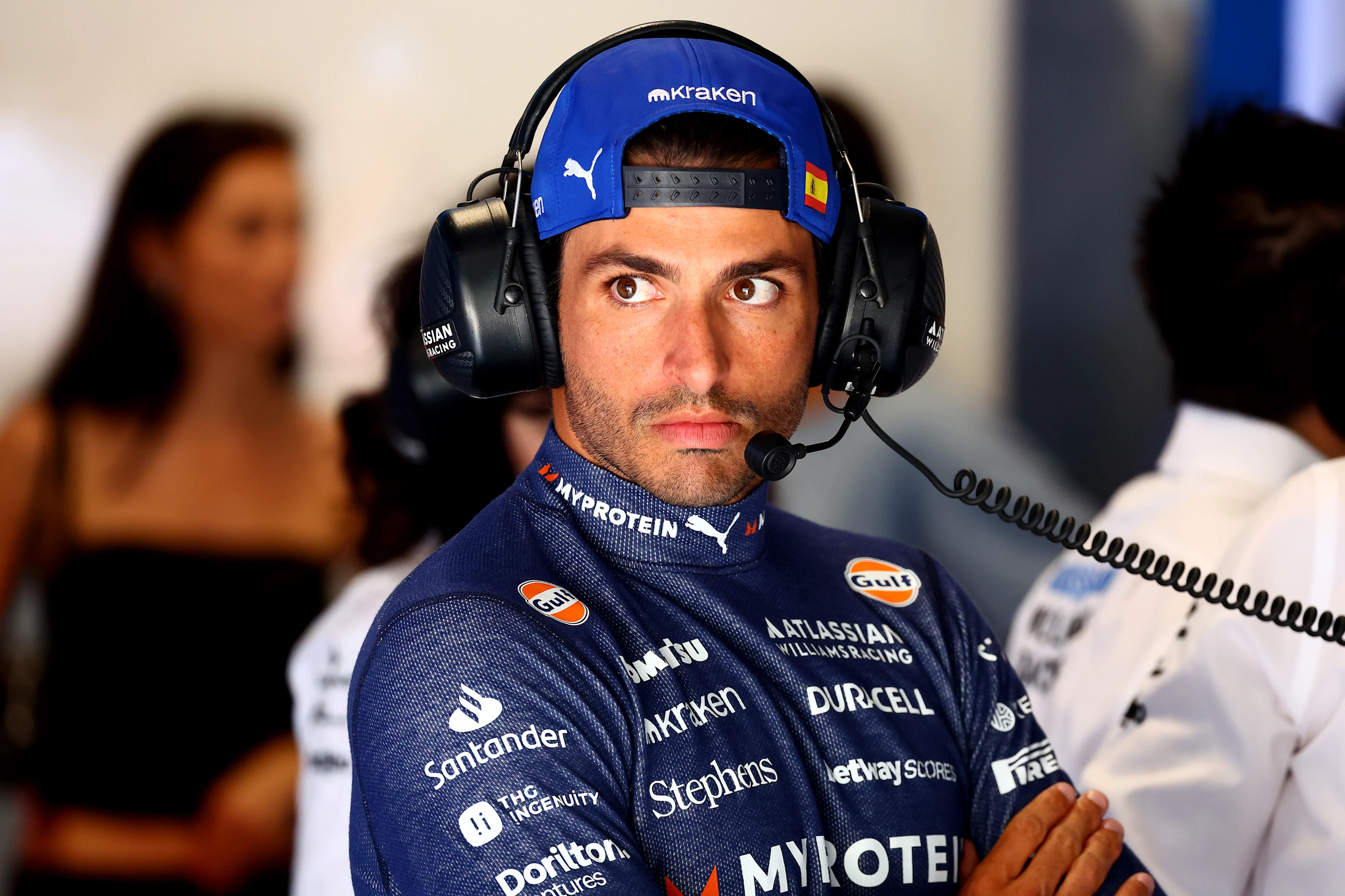 BUDAPEST, HUNGARY - AUGUST 02: Carlos Sainz of Spain and Williams looks on in the garage during
