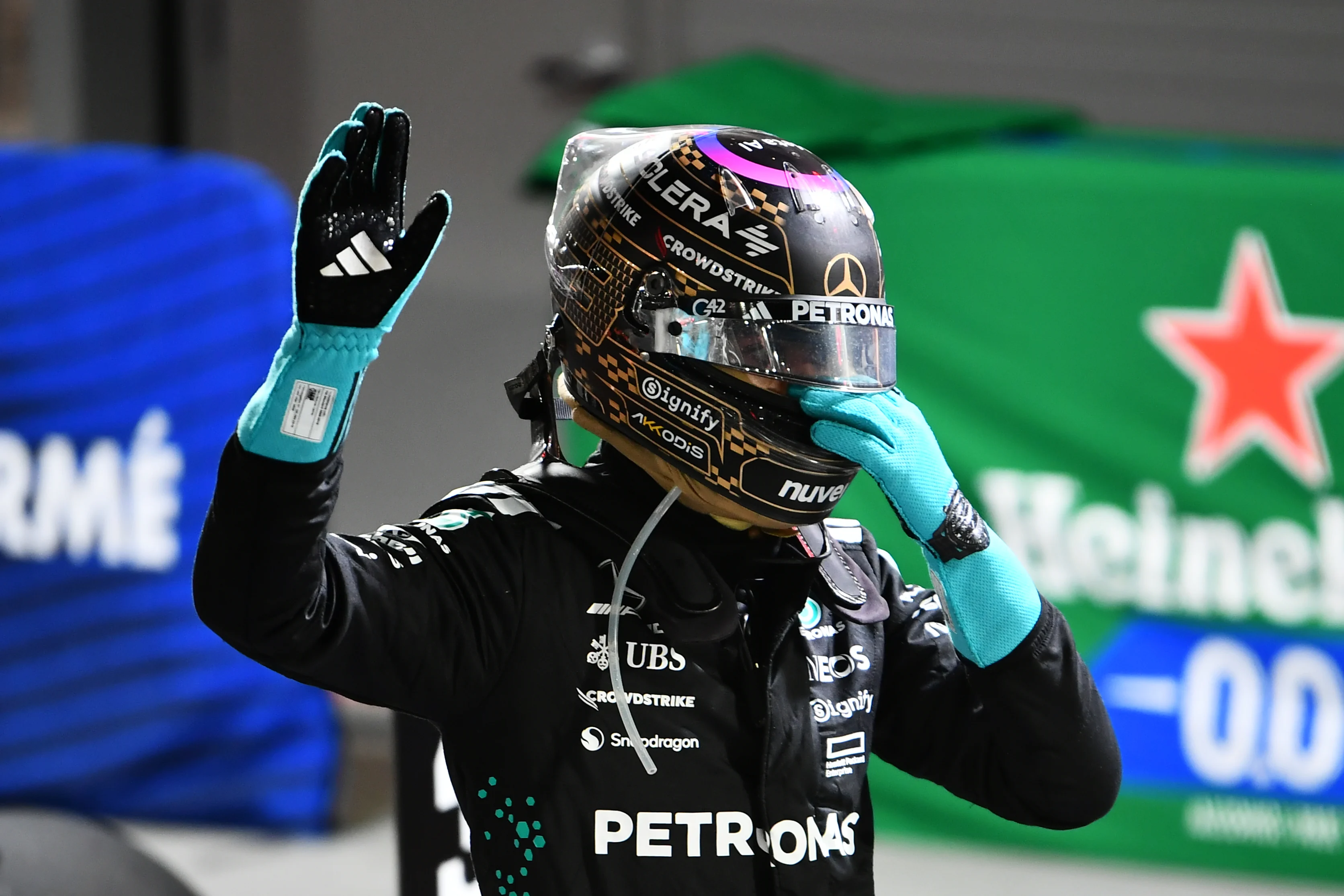 LAS VEGAS, NEVADA - NOVEMBER 22: Third placed George Russell of Great Britain and Mercedes AMG