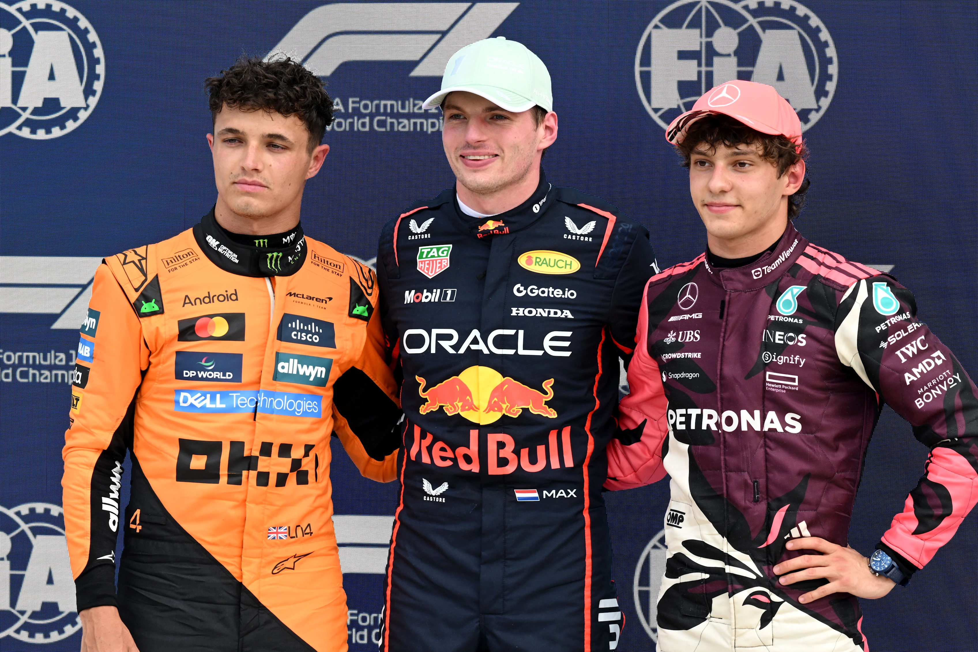 Max Verstappen, Lando Norris and Andrea Kimi Antonelli during qualifying ahead of the F1 Grand Prix of Miami at Miami International Autodrome on May 03, 2025 in Miami, Florida. (Photo by Mark Sutton - Formula 1/Formula 1 via Getty Images)