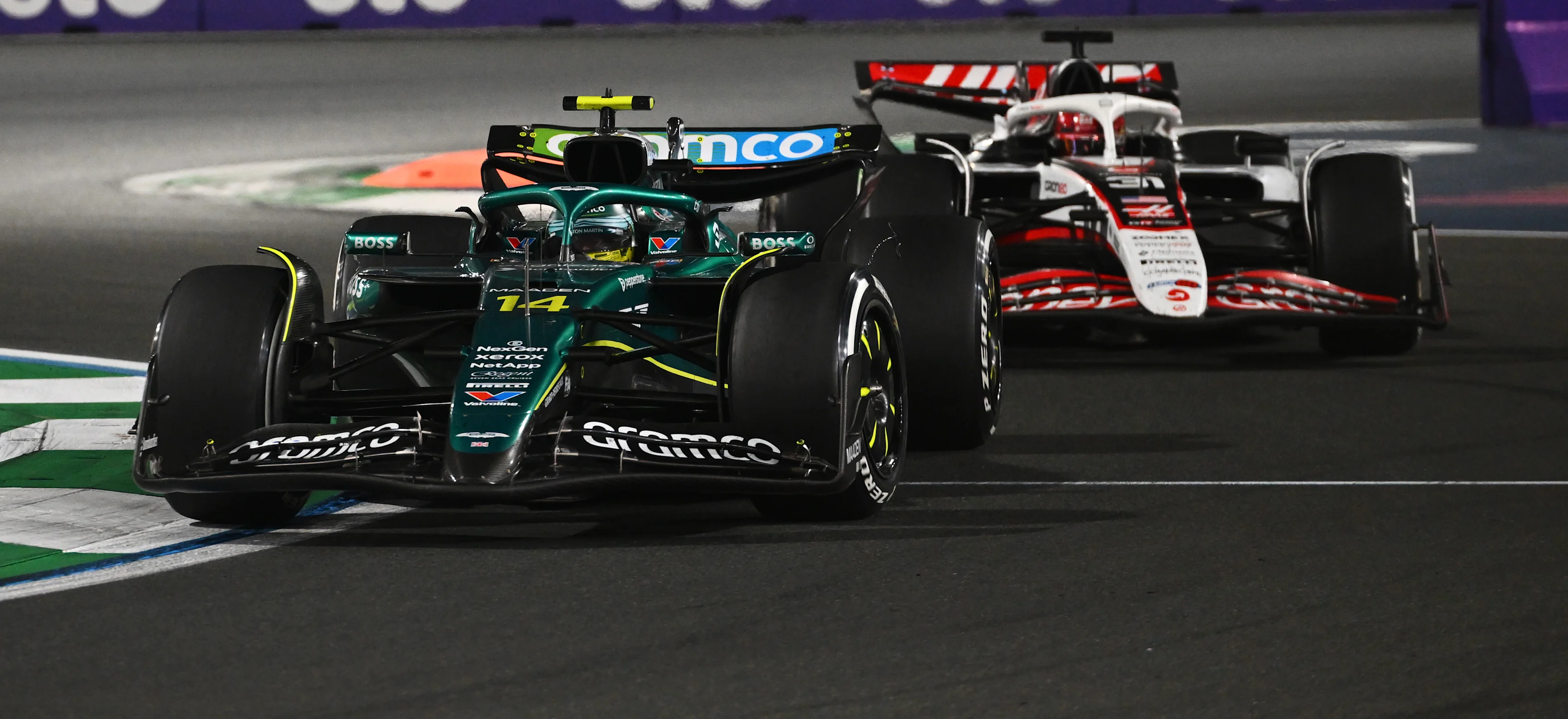 JEDDAH, SAUDI ARABIA - APRIL 20: Fernando Alonso of Spain driving the (14) Aston Martin F1 Team