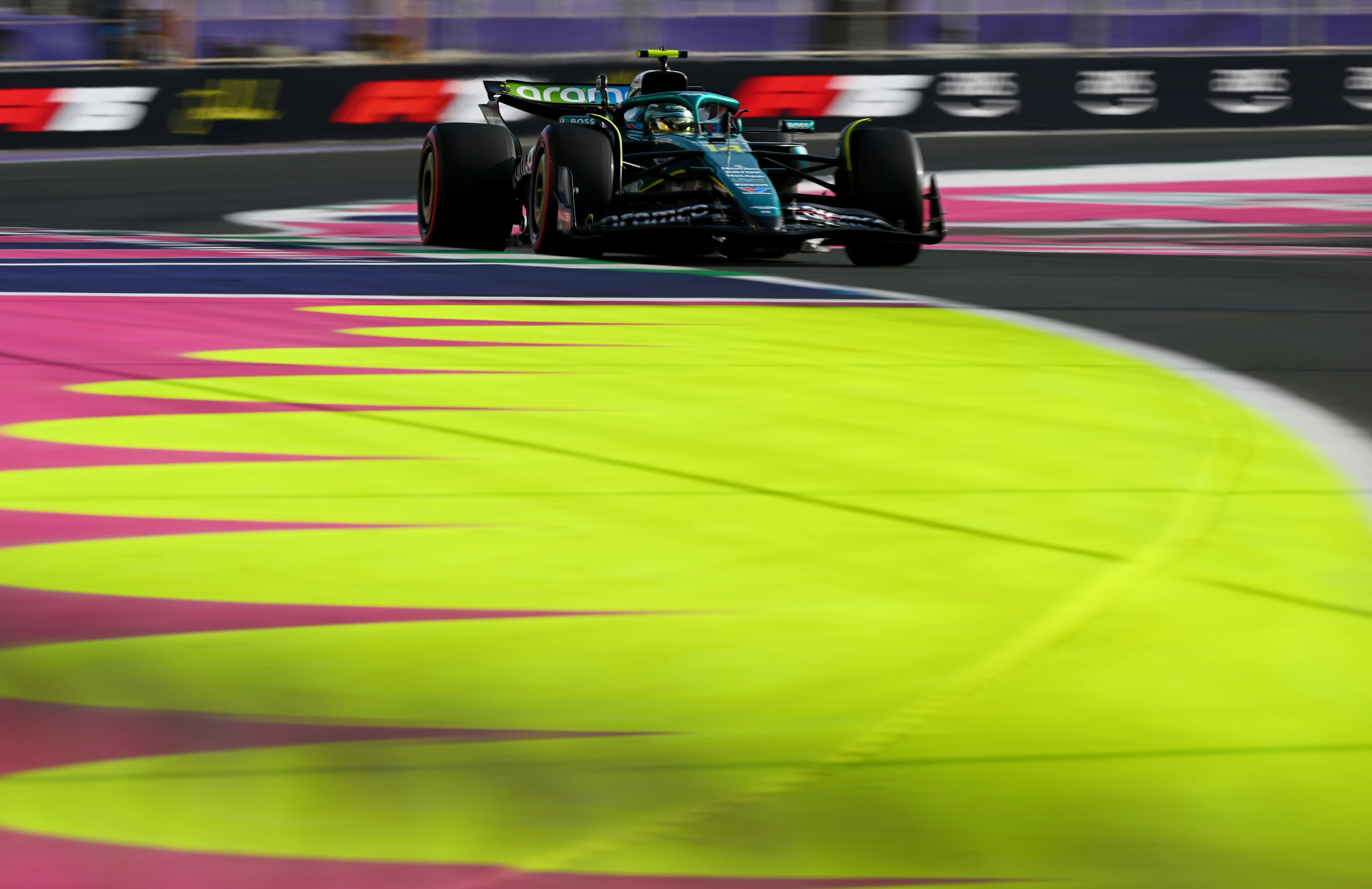 JEDDAH, SAUDI ARABIA - APRIL 19: Fernando Alonso of Spain driving the (14) Aston Martin F1 Team AMR25 Mercedes on track during final practice ahead of the F1 Grand Prix of Saudi Arabia at Jeddah Corniche Circuit on April 19, 2025 in Jeddah, Saudi Arabia. (Photo by Clive Mason/Getty Images)