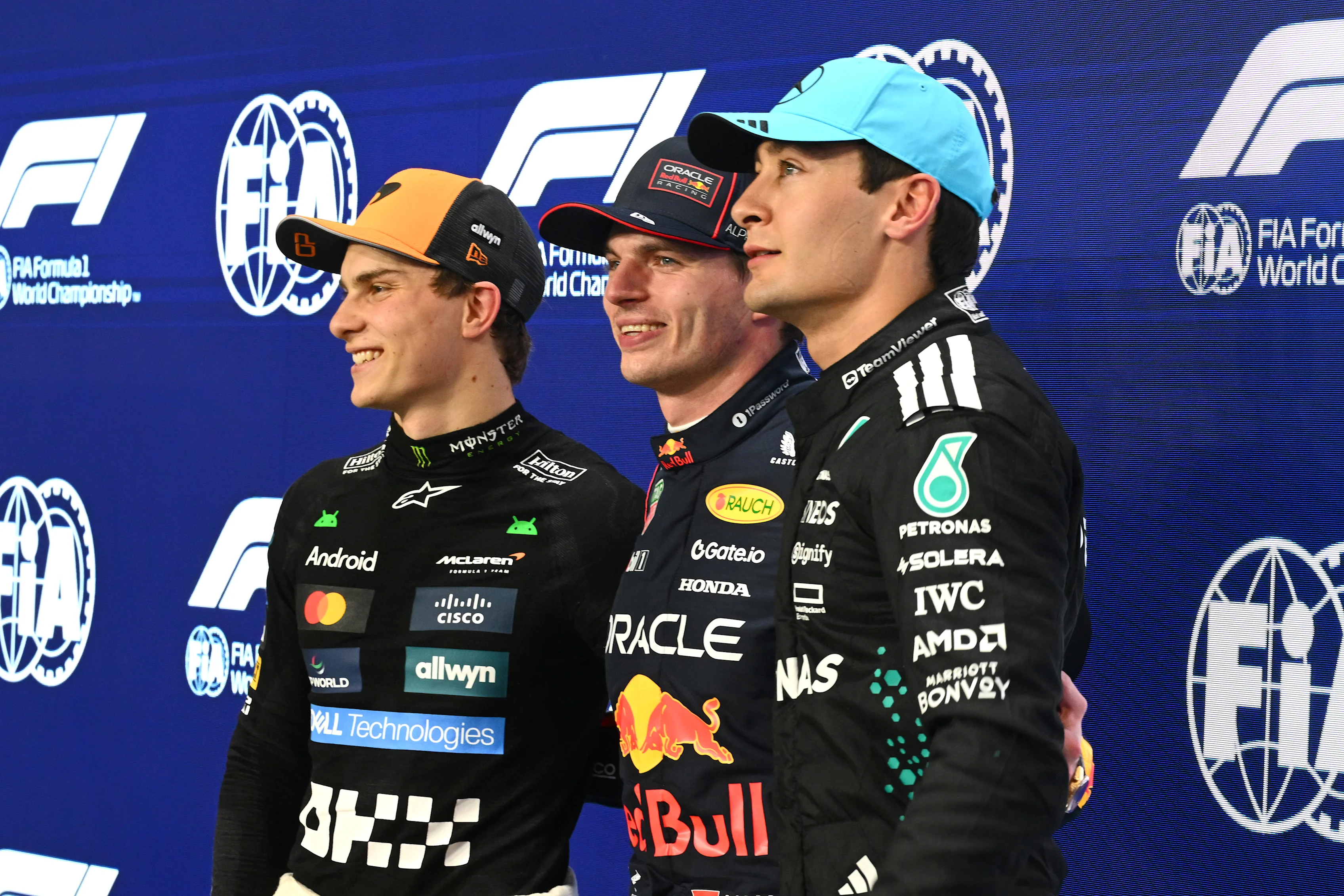JEDDAH, SAUDI ARABIA - APRIL 19: Pole position qualifier Max Verstappen of the Netherlands and Oracle Red Bull Racing Second placed qualifier Oscar Piastri of Australia and McLaren and Third placed qualifier George Russell of Great Britain and Mercedes AMG Petronas F1 Team during qualifying ahead of the F1 Grand Prix of Saudi Arabia at Jeddah Corniche Circuit on April 19, 2025 in Jeddah, Saudi Arabia. (Photo by Mark Sutton - Formula 1/Formula 1 via Getty Images)