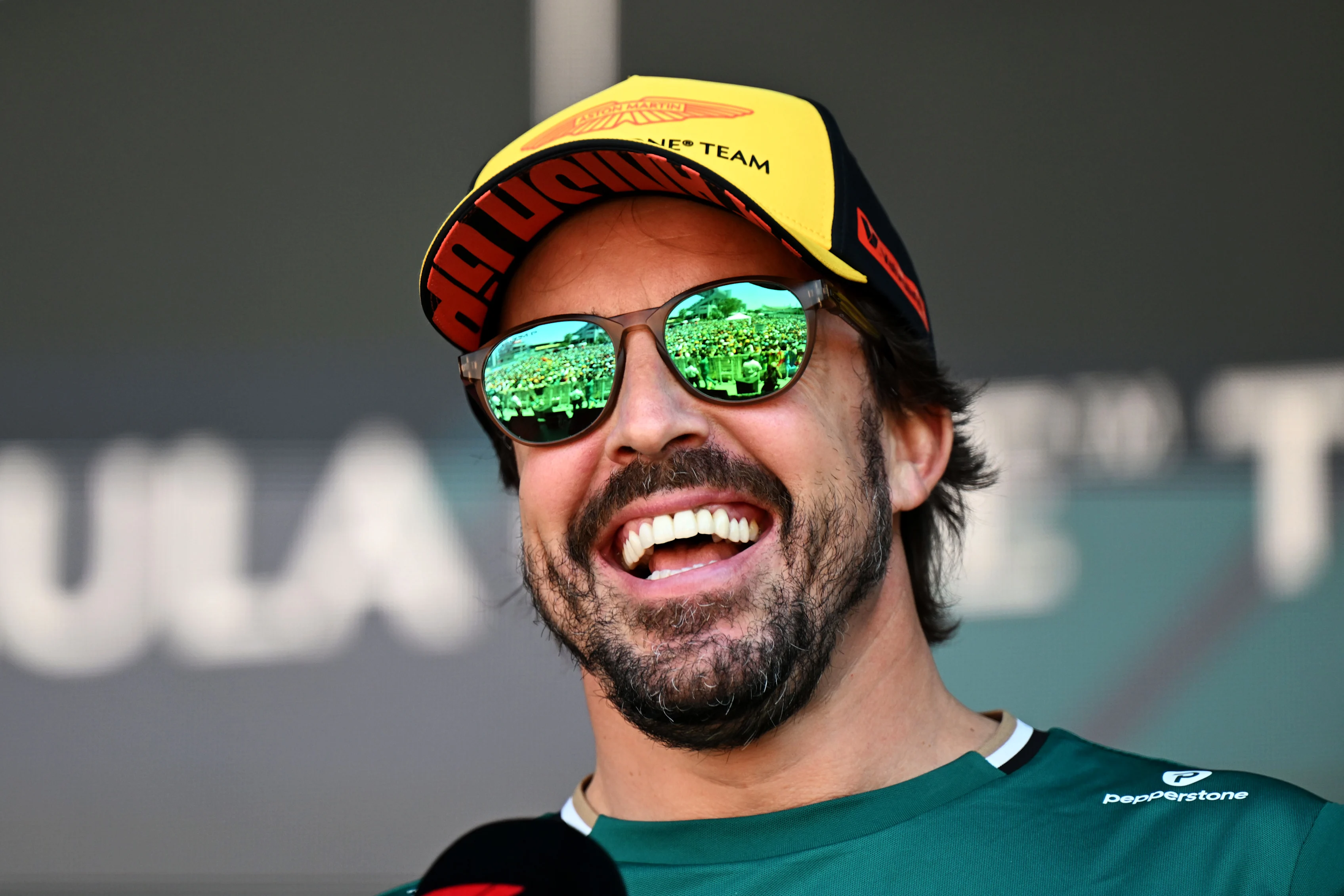 BARCELONA, SPAIN - MAY 30: Fernando Alonso of Spain and Aston Martin F1 Team on stage during practice ahead of the F1 Grand Prix of Spain at Circuit de Barcelona-Catalunya on May 30, 2025 in Barcelona, Spain. (Photo by Mark Sutton - Formula 1/Formula 1 via Getty Images)