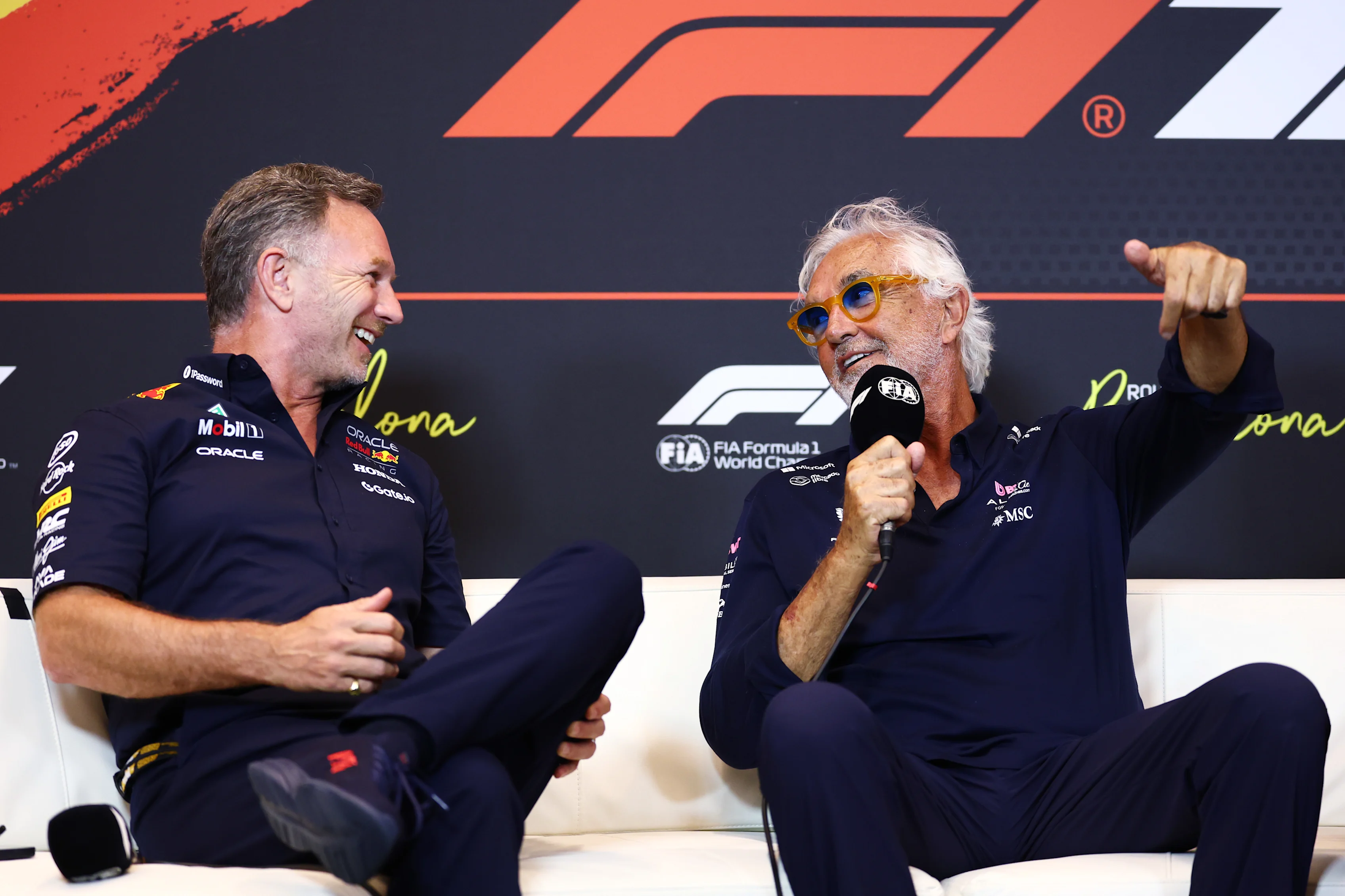 BARCELONA, SPAIN - MAY 30: Christian Horner, Team Principal of Oracle Red Bull Racing and Flavio Briatore, Executive Advisor of Alpine F1 in the Team Principals Press Conference during practice ahead of the F1 Grand Prix of Spain at Circuit de Barcelona-Catalunya on May 30, 2025 in Barcelona, Spain. (Photo by Clive Rose/Getty Images)