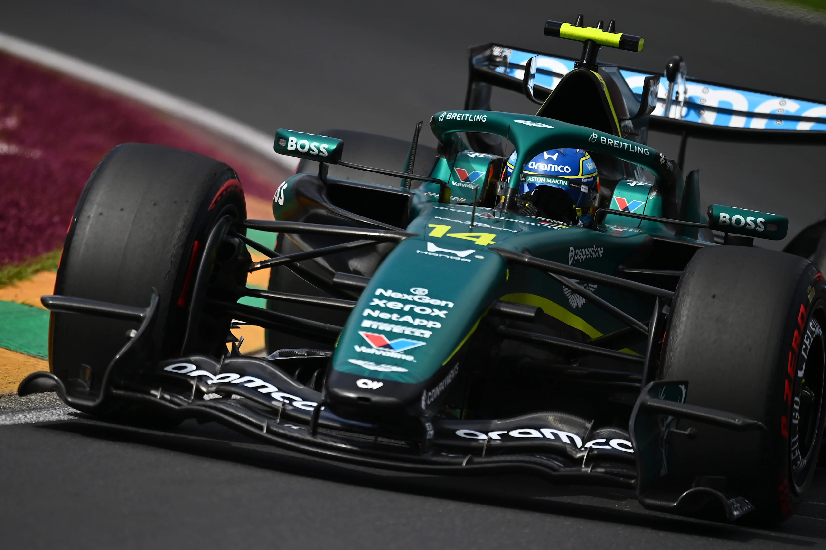 MELBOURNE, AUSTRALIA - MARCH 08: Fernando Alonso of Spain driving the (14) Aston Martin F1 Team