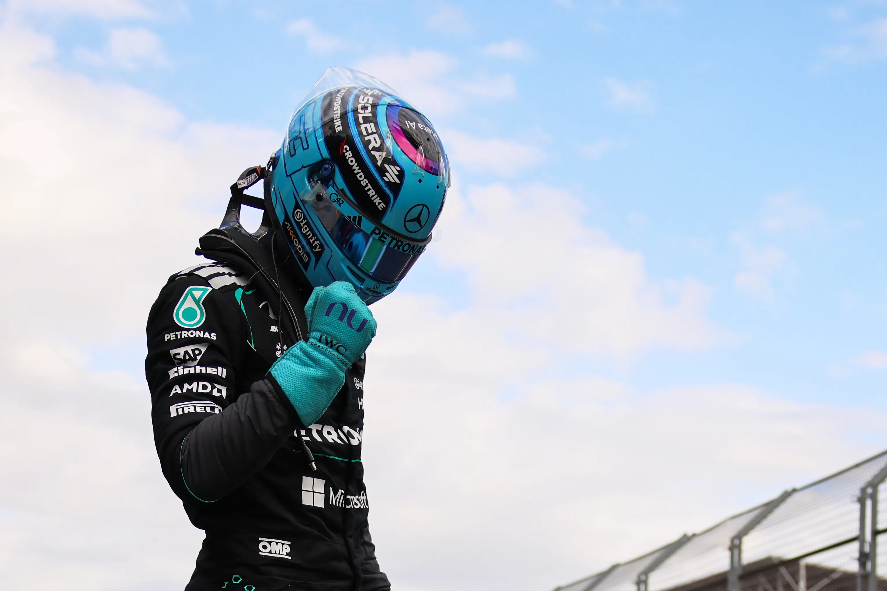 MELBOURNE, AUSTRALIA - MARCH 07: Pole position qualifier George Russell of Great Britain and