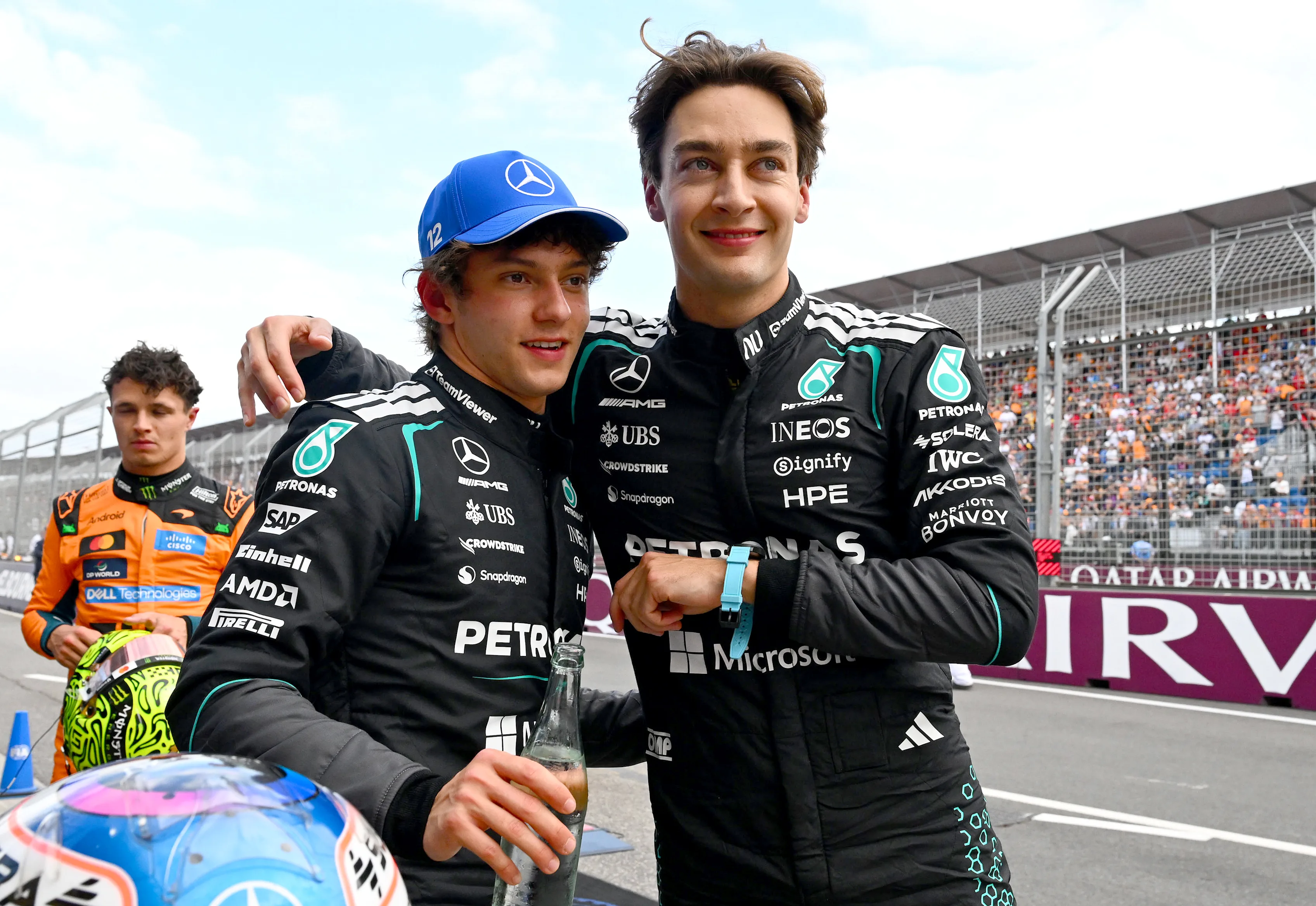 MELBOURNE, AUSTRALIA - MARCH 07: Pole position qualifier George Russell of Great Britain and
