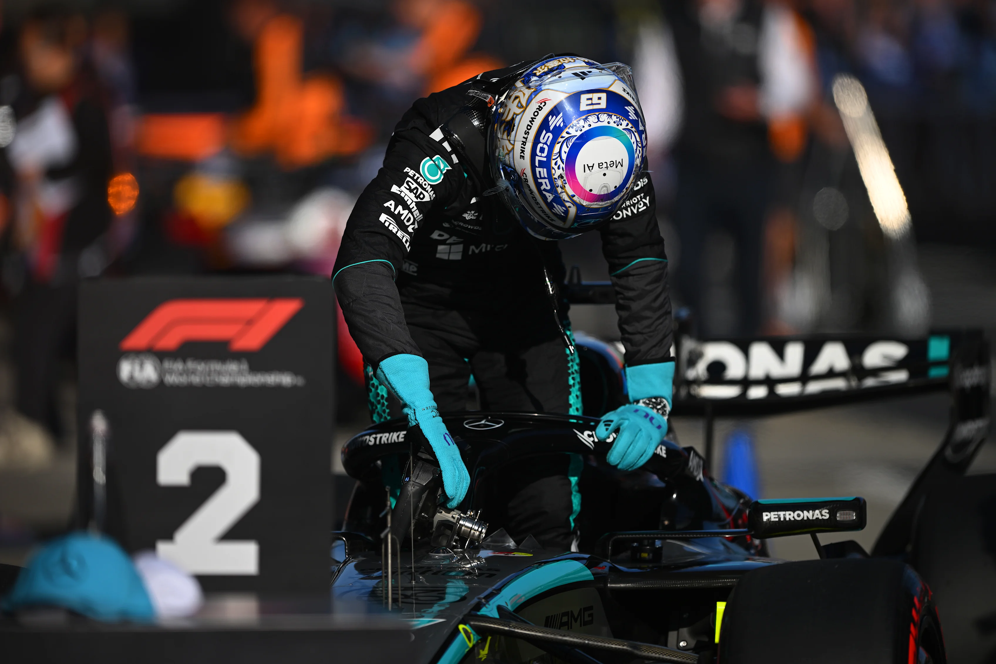 SHANGHAI, CHINA - MARCH 14: Second placed qualifier George Russell of Great Britain and Mercedes