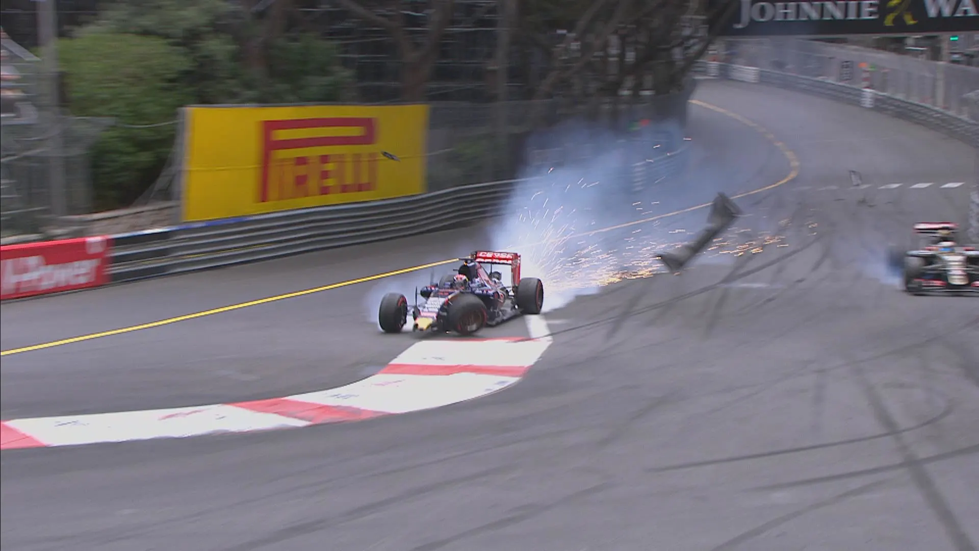 Toro Rosso's Max Verstappen has a huge crash after colliding with Romain Grosjean's Lotus © FOWC Ltd