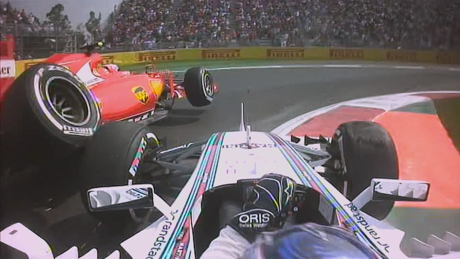 Raikkonen and Bottas clash and Raikkonen is out with broken suspension