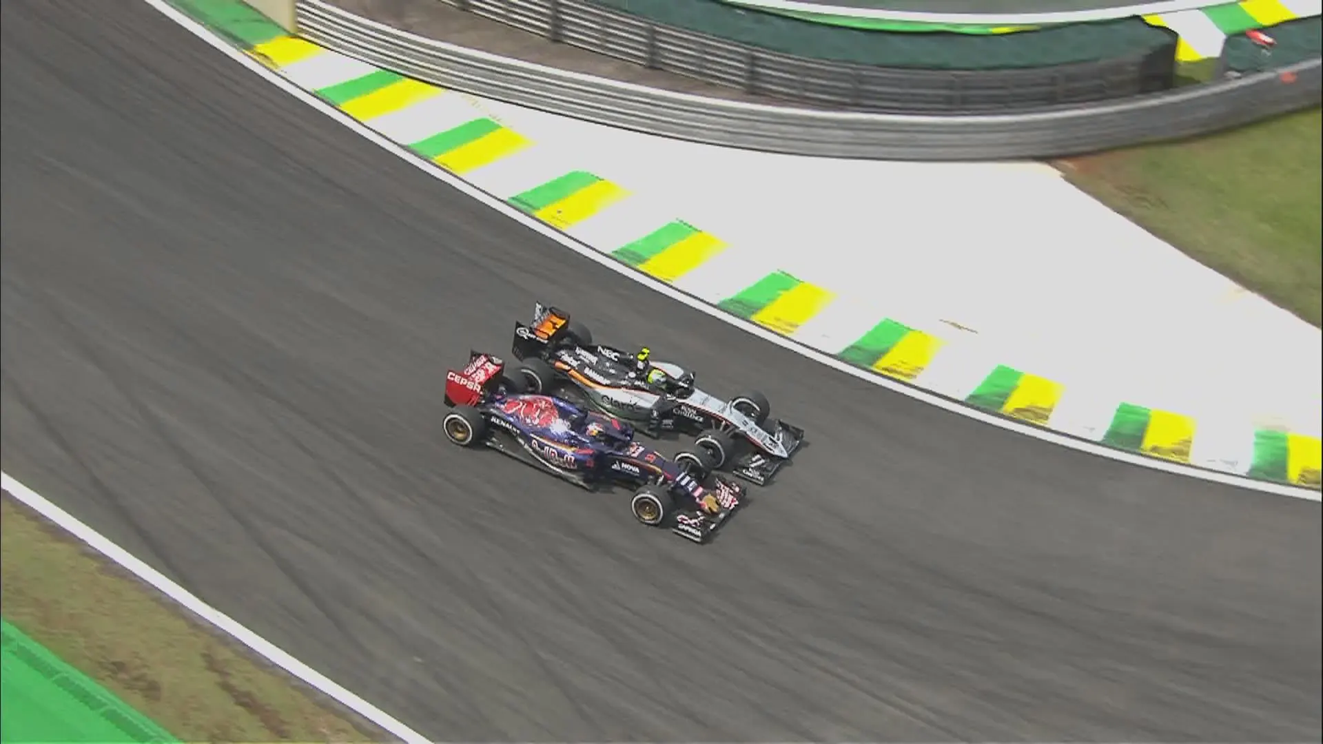 Verstappen finally gets past Perez into turn 1