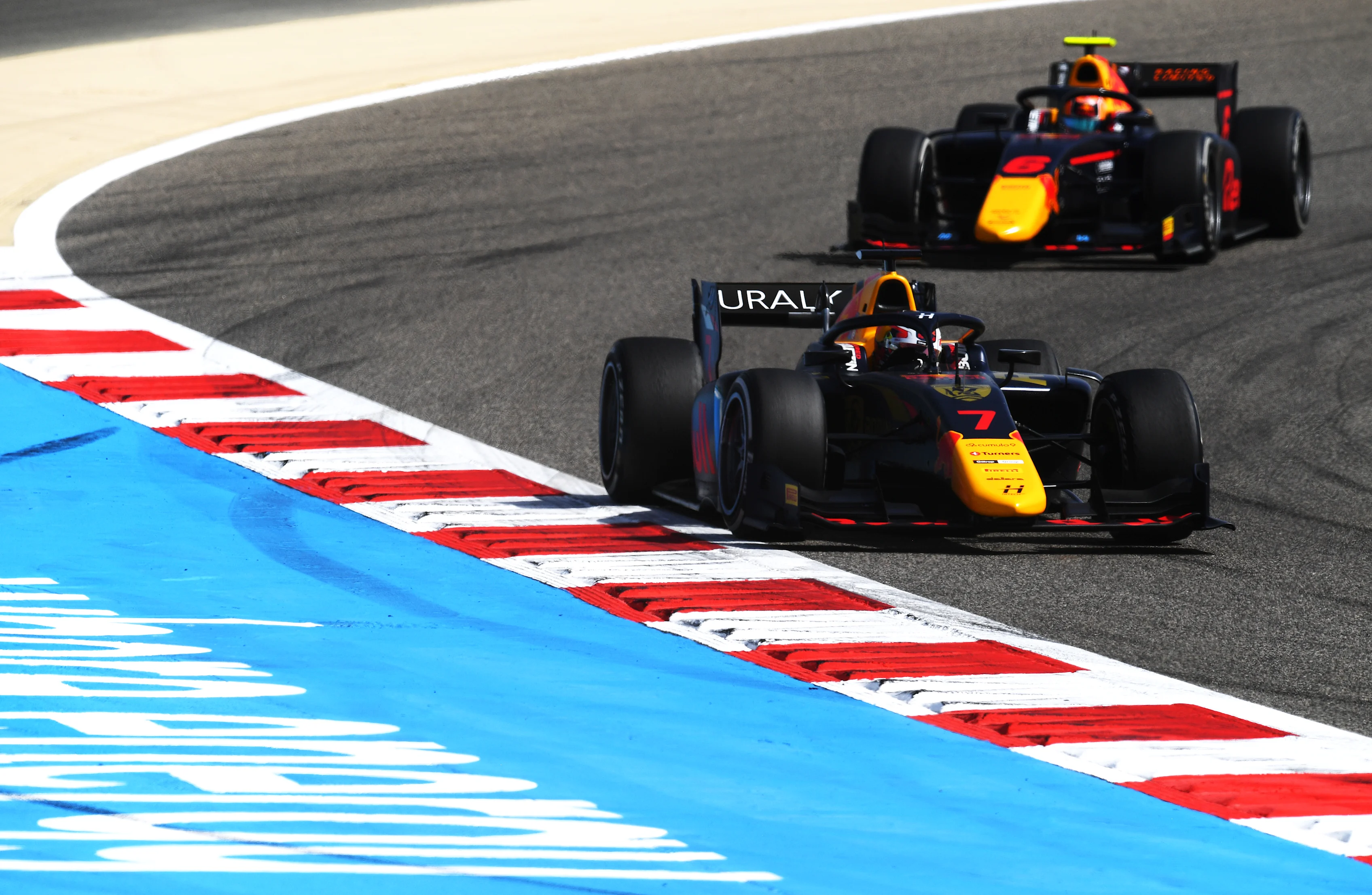 BAHRAIN, BAHRAIN - MARCH 27: Liam Lawson of New Zealand and Hitech Grand Prix (7) leads Jehan