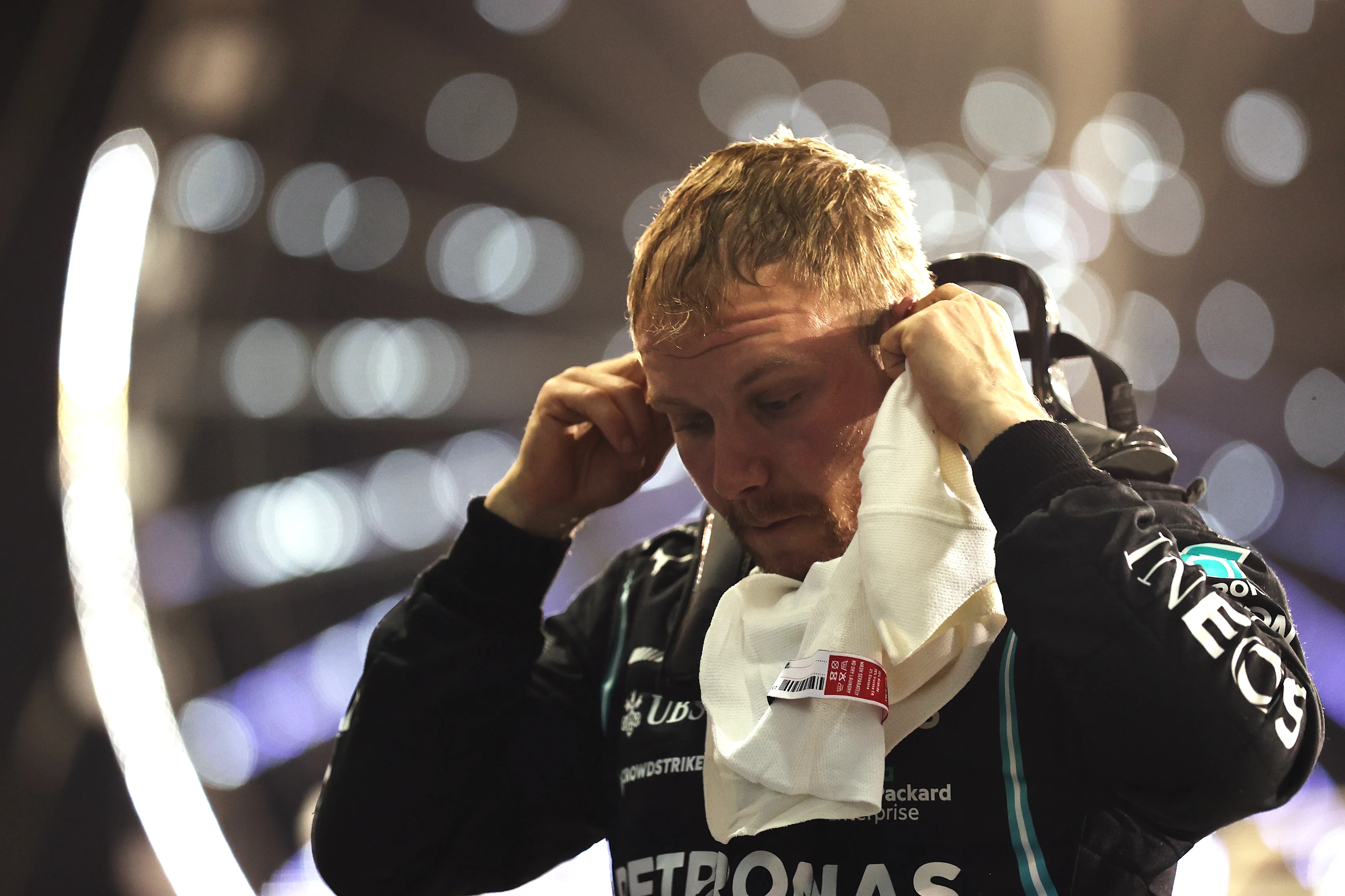 BAHRAIN, BAHRAIN - MARCH 28: Third placed Valtteri Bottas of Finland and Mercedes GP looks on in