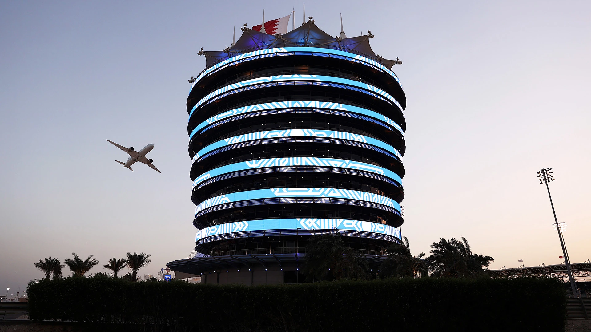 BAHRAIN, BAHRAIN - MARCH 28: A general view of the Sakhir Tower during a aerial display prior to