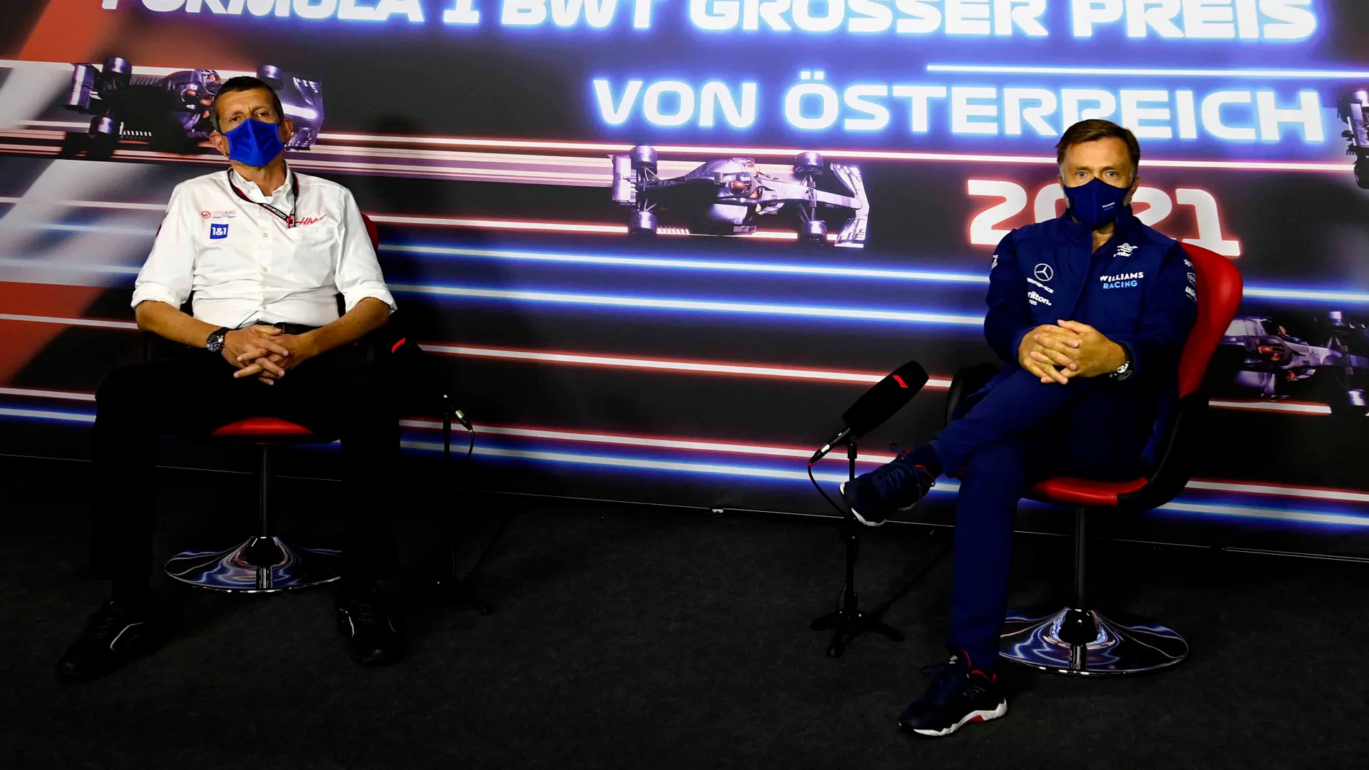 Guenther Steiner, Team Principal, Haas F1, and Jost Capito, CEO, Williams, in the team principals Press Conference