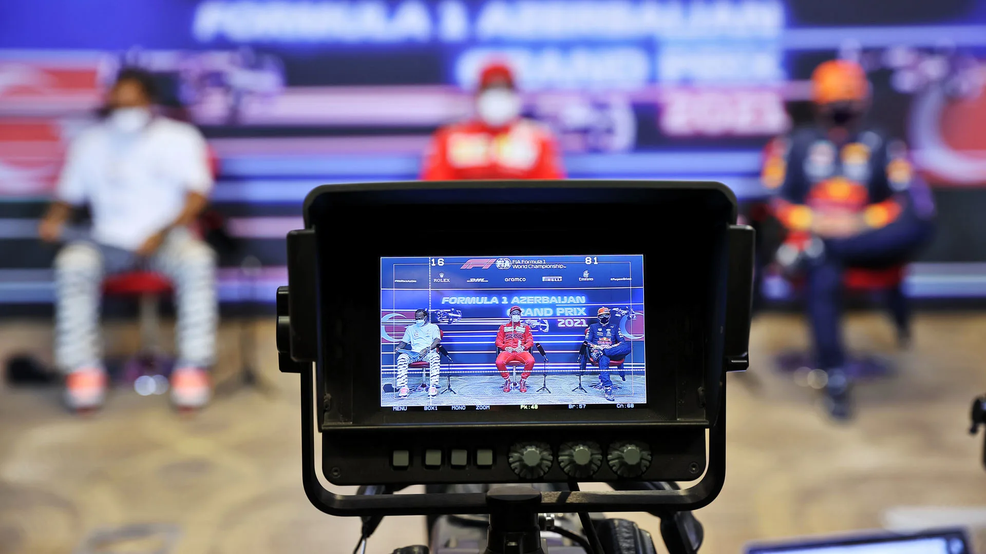 (L to R): Lewis Hamilton (GBR) Mercedes AMG F1; Charles Leclerc (MON) Ferrari; Max Verstappen (NLD)