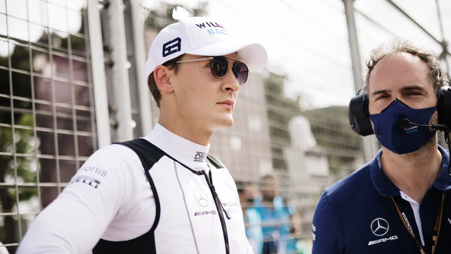 George Russell (GBR) Williams Racing with James Urwin (GBR) Williams Racing Race Engineer on the