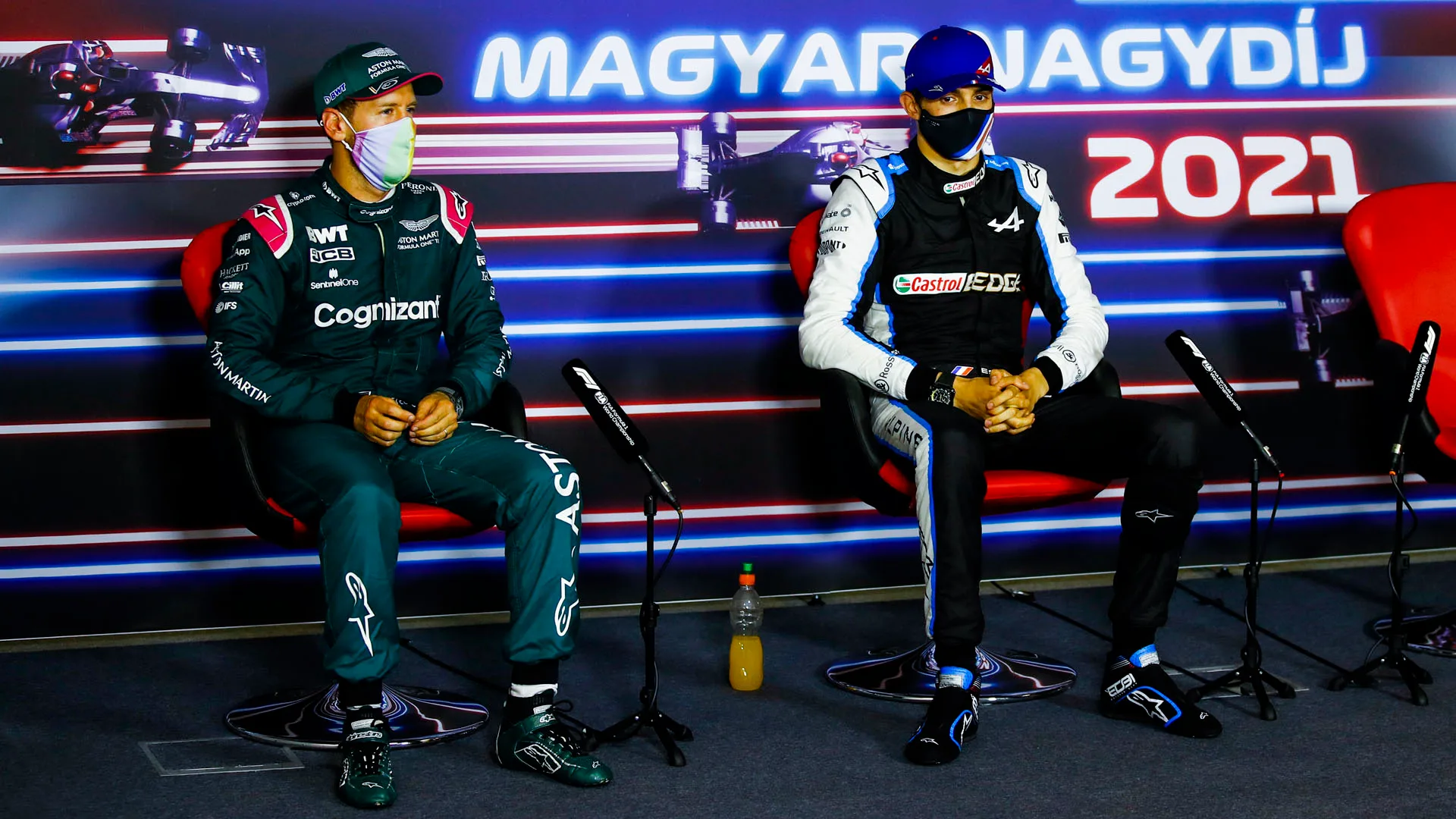 VETTEL Sebastian (ger), Aston Martin F1 AMR21, OCON Esteban (fra), Alpine F1 A521, portrait, press conference during the Formula 1 Magyar Nagydij 2021, Hungarian Grand Prix, 11th round of the 2021 FIA Formula One World Championship from July 30 to August 1, 2021 on the Hungaroring, in Mogyorod, near Budapest, Hungary - Photo Xavi Bonilla / DPPI