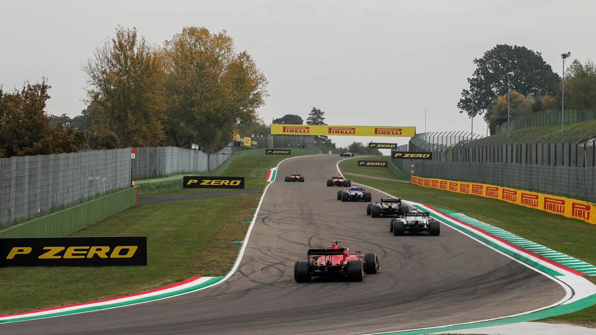 Sergio Perez, Racing Point RP20, leads Esteban Ocon, Renault R.S.20, George Russell, Williams FW43,