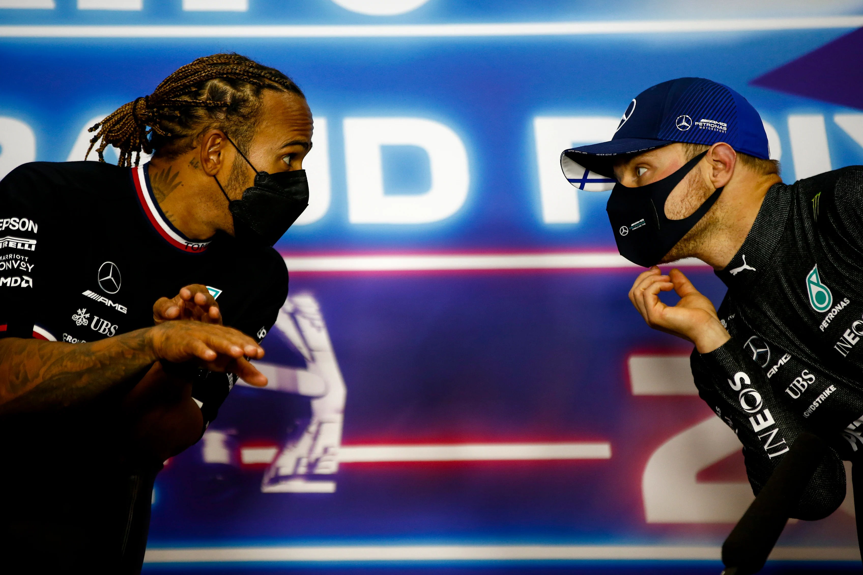 BAHRAIN, BAHRAIN - MARCH 28: Race winner, Lewis Hamilton of Great Britain and Mercedes GP and Third