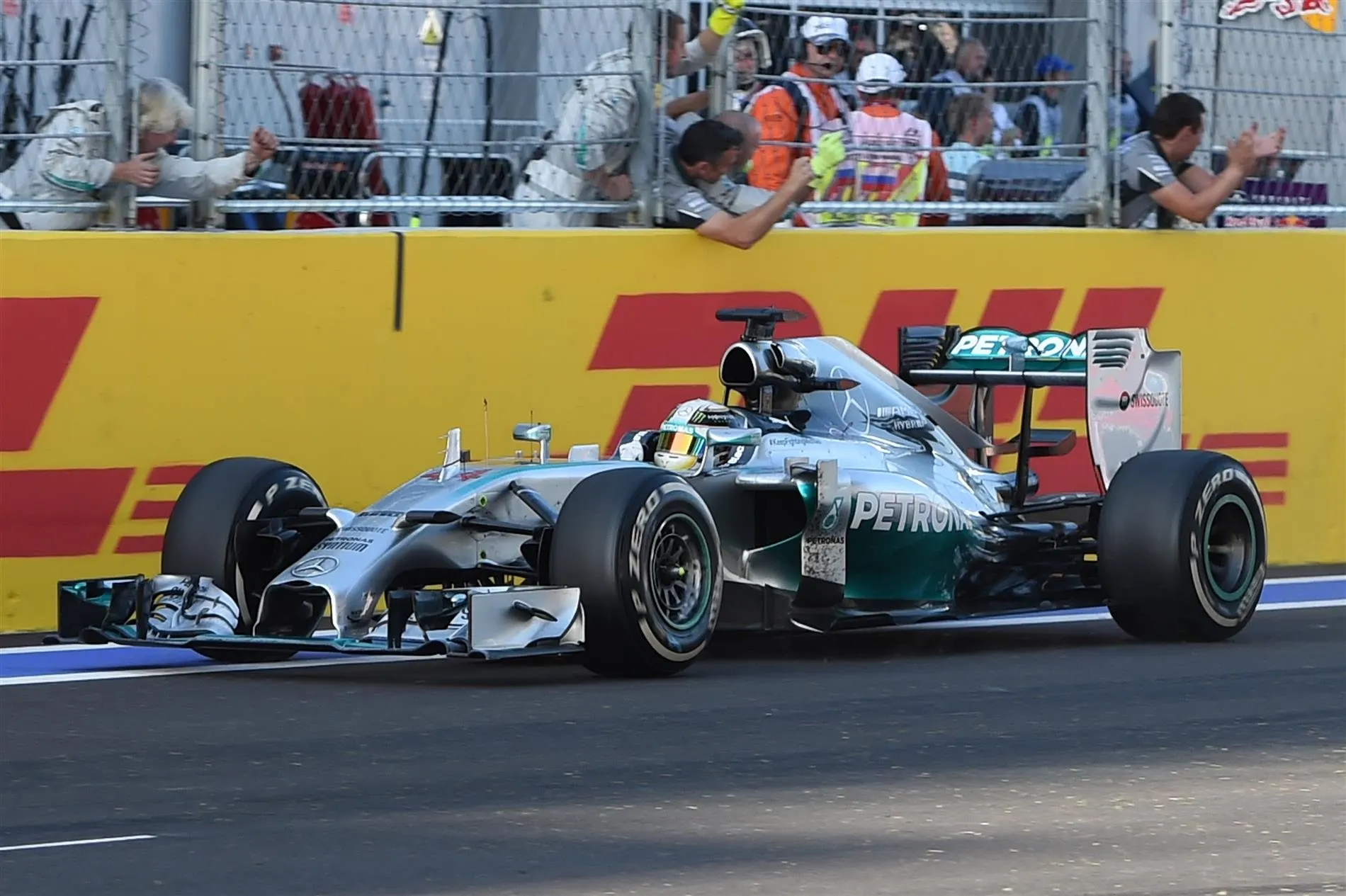 Race winner Lewis Hamilton (GBR) Mercedes AMG F1 W05 crosses the line. Formula One World Championship, Rd16, Russian Grand Prix, Race, Sochi Autodrom, Sochi, Krasnodar Krai, Russia, Sunday, 12 October 2014 © Sutton Images. No reproduction without permission