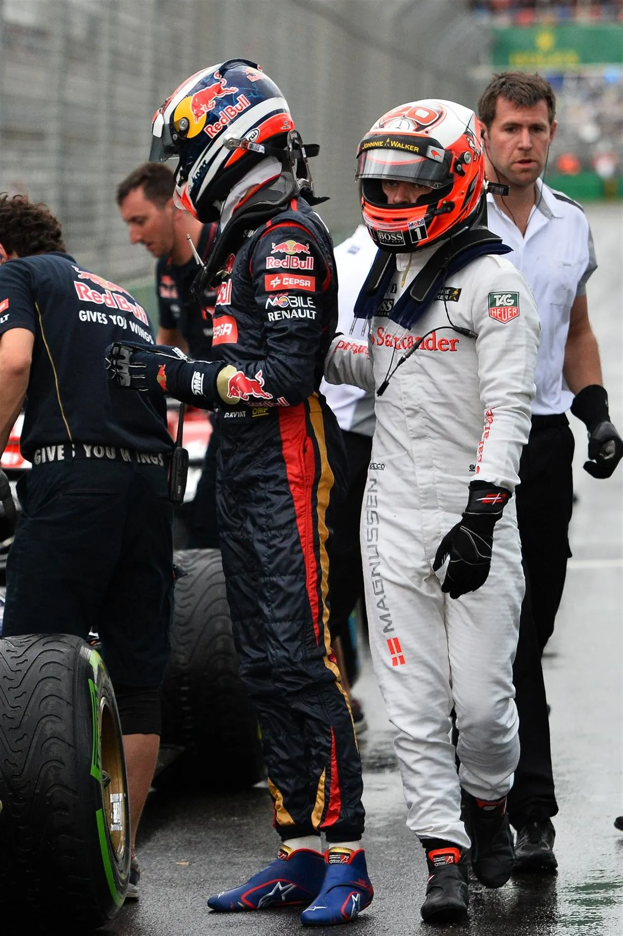 Kevin Magnussen (DEN) McLaren and Daniil Kyvat (RUS) Scuderia Toro Rosso in parc ferme. Formula One World Championship, Rd1, Australian Grand Prix, Qualifying, Albert Park, Melbourne, Australia, Saturday, 15 March 2014