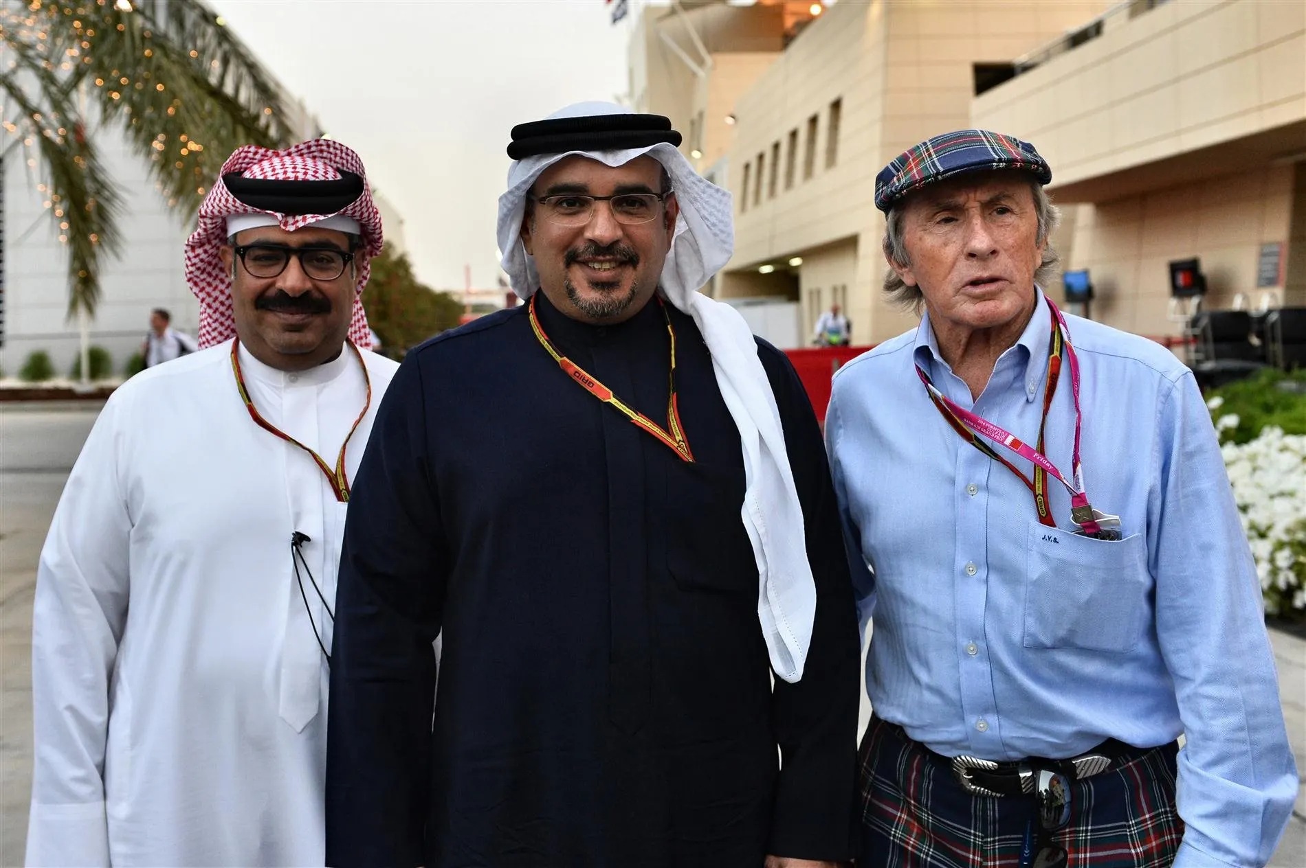 (L to R): Sheikh Abdallah Al Khalifa (BRN) Private Secretary to Crown Prince Shaikh Salman bin Isa Hamad Al Khalifa (BRN), Crown Prince Shaikh Salman bin Isa Hamad Al Khalifa (BRN) and Jackie Stewart (GBR). Formula One World Championship, Rd3, Bahrain Grand Prix, Practice, Bahrain International Circuit, Sakhir, Bahrain, Friday, 4 April 2014
