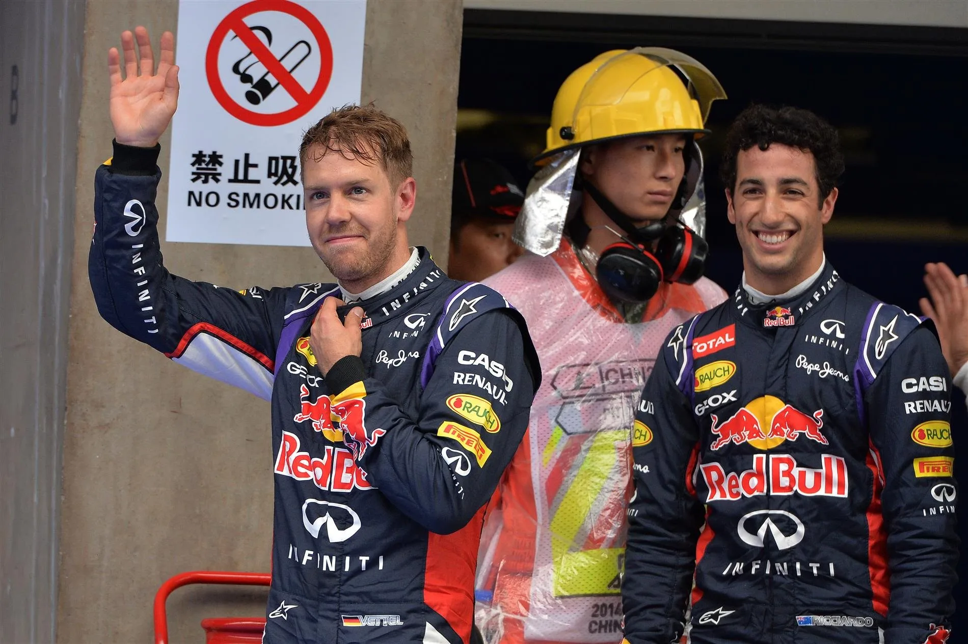 Sebastian Vettel (GER) Red Bull Racing and Daniel Ricciardo (AUS) Red Bull Racing in parc ferme. Formula One World Championship, Rd4, Chinese Grand Prix, Qualifying, Shanghai, China, Saturday, 19 April 2014