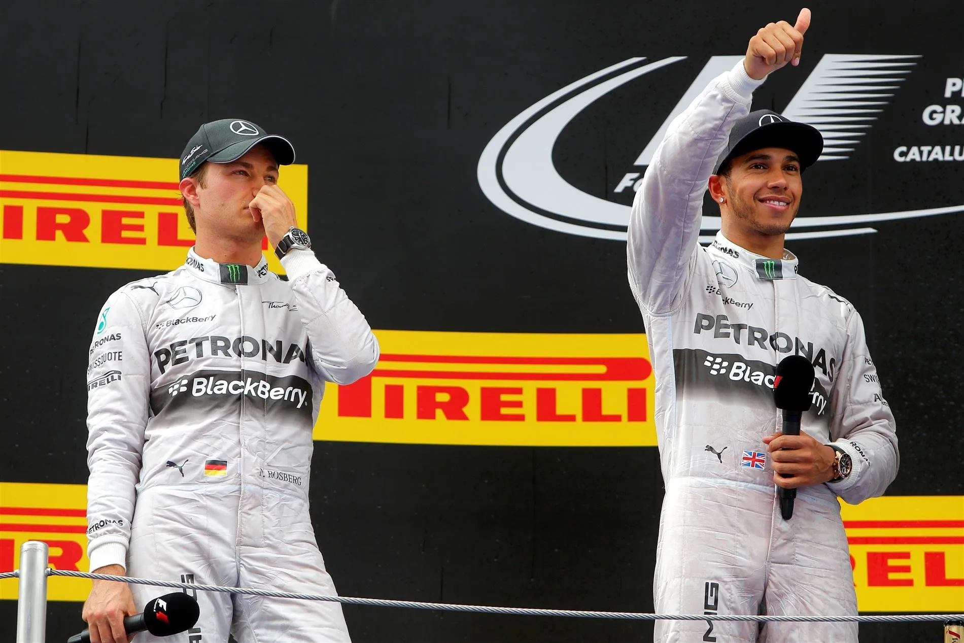 Podium and results: 1st Lewis Hamilton (GBR) Mercedes AMG F1, right. 2nd Nico Rosberg (GER) Mercedes AMG F1, left. Formula One World Championship, Rd5, Spanish Grand Prix, Race, Barcelona, Spain, Sunday, 11 May 2014
