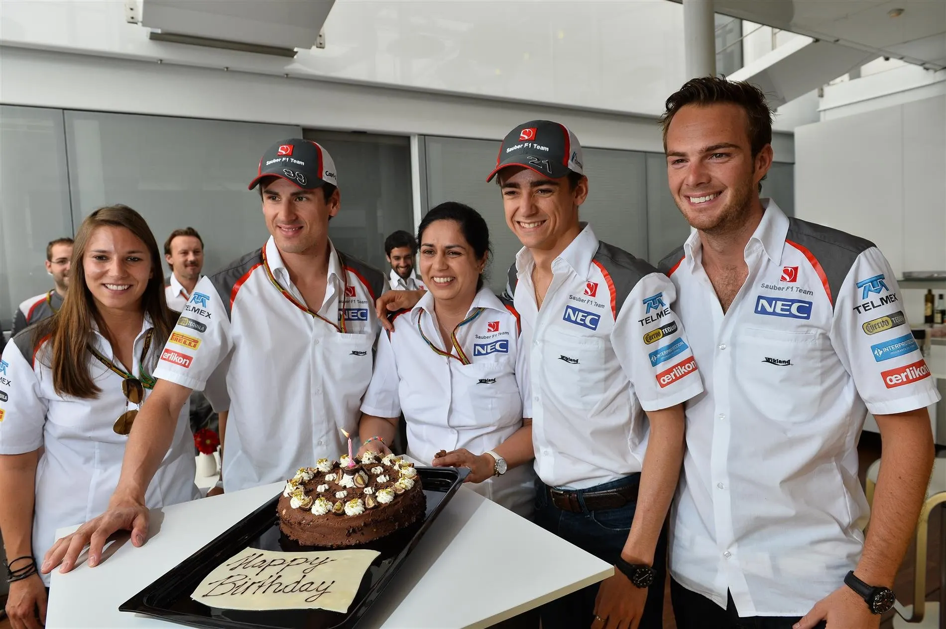 Happy Birthday to Monisha Kaltenborn (AUT) Sauber Team Principal. (L to R): Simona de Silvestro (SUI) Sauber; Adrian Sutil (GER) Sauber; Monisha Kaltenborn (AUT) Sauber Team Prinicpal; Esteban Gutierrez (MEX) Sauber and Giedo van der Garde (NDL) Sauber Test and Reserve Driver. Formula One World Championship, Rd5, Spanish Grand Prix, Qualifying, Barcelona, Spain, Saturday, 10 May 2014