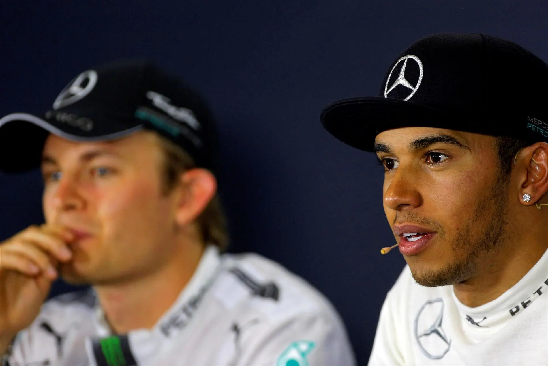 (L to R): Second placed Nico Rosberg (GER) Mercedes AMG F1 and race winner Lewis Hamilton (GBR) Mercedes AMG F1 in the post-race Press Conference. Formula One World Championship, Rd5, Spanish Grand Prix, Race, Barcelona, Spain, Sunday, 11 May 2014