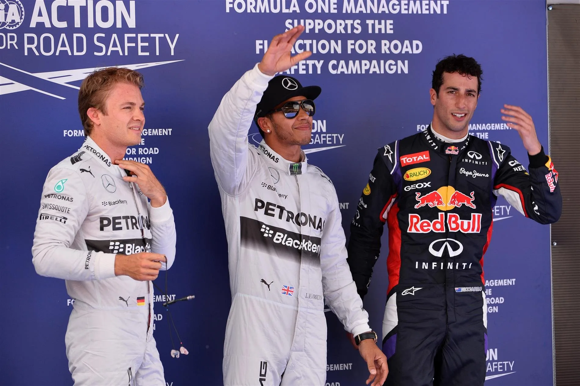 Qualifying photo call and reults: 1st Lewis Hamilton (GBR) Mercedes AMG F1, centre. 2nd Nico Rosberg (GER) Mercedes AMG F1, left. 3rd Daniel Ricciardo (AUS) Red Bull Racing, right. Formula One World Championship, Rd5, Spanish Grand Prix, Qualifying, Barcelona, Spain, Saturday, 10 May 2014