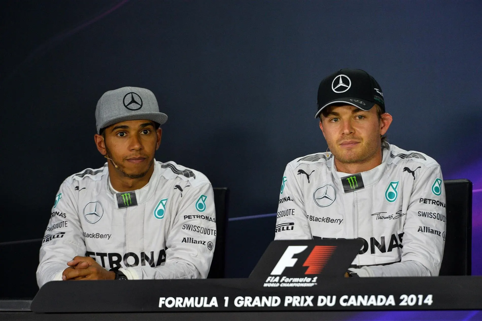 Lewis Hamilton (GBR) Mercedes AMG F1 and Nico Rosberg (GER) Mercedes AMG F1 in the Press Conference. Formula One World Championship, Rd7, Canadian Grand Prix, Qualifying, Montreal, Canada, Saturday, 7 June 2014