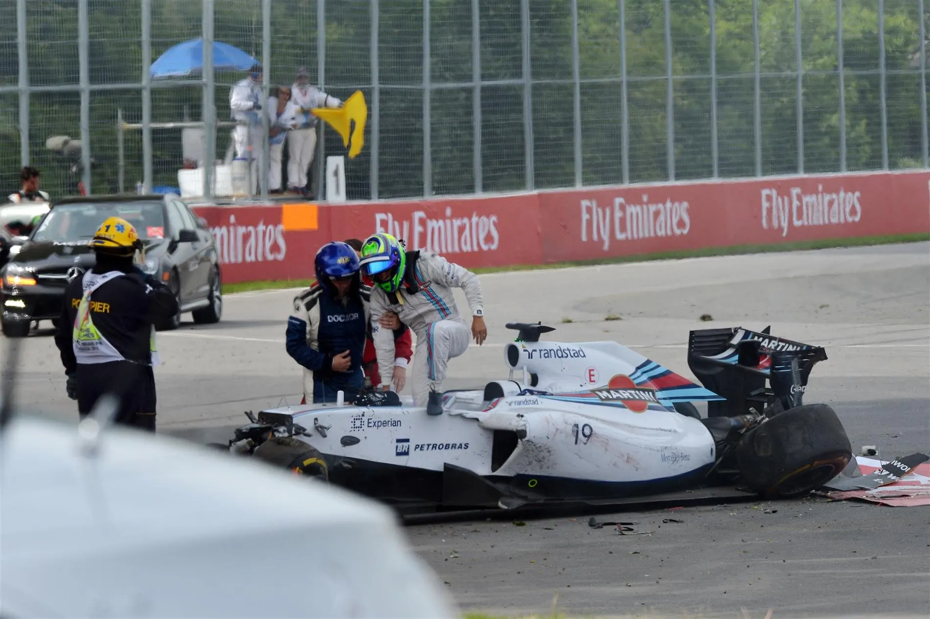 Felipe Massa (BRA) Williams FW36 crashes. Formula One World Championship, Rd7, Canadian Grand Prix, Race Day, Montreal, Canada, Sunday, 8 June 2014