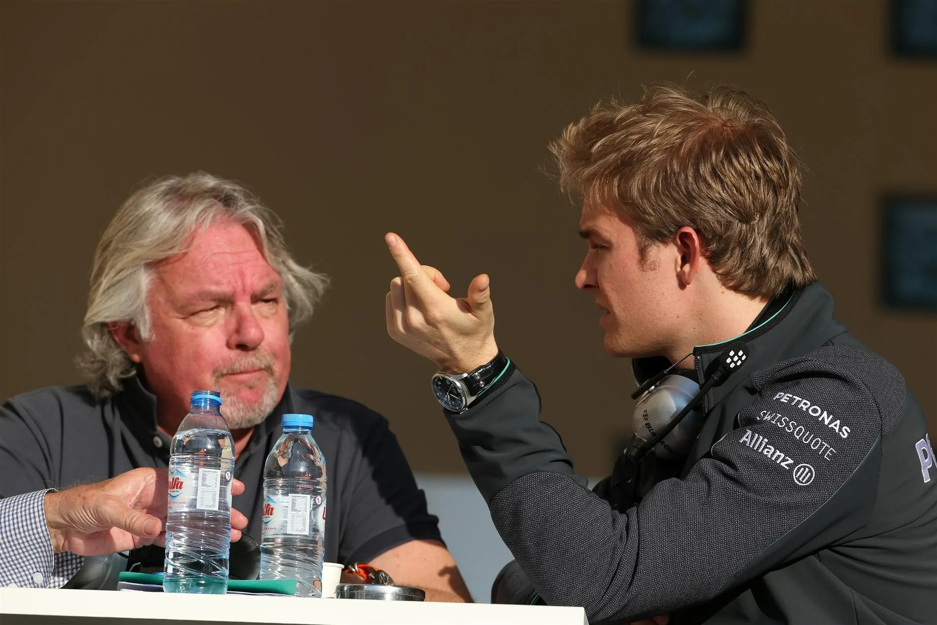 Nico Rosberg (GER) Mercedes AMG F1 with his Father Keke Rosberg (FIN). Formula One Testing, Day One, Bahrain International Circuit, Sakhir, Bahrain, Wednesday, 19 February 2014