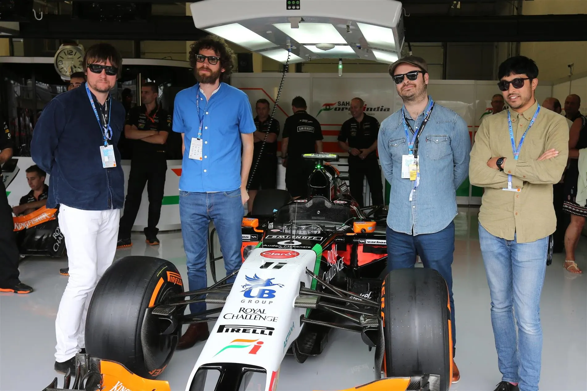 Kaiser Chiefs in the Force India garage. Formula One World Championship, Rd9, British Grand Prix, Preparations, Silverstone, England, Thursday, 3 July 2014 © Sutton Images. No reproduction without permission