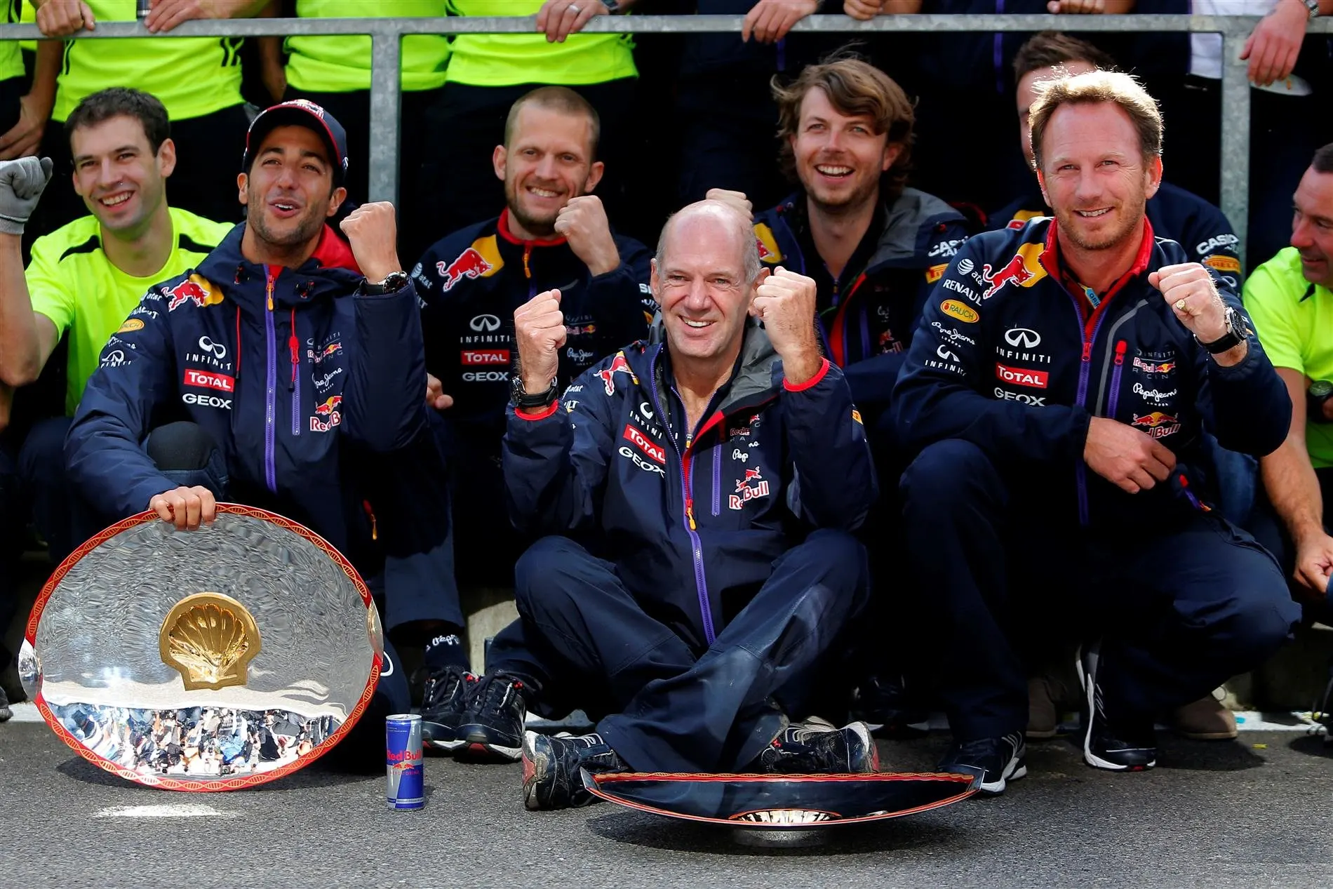 Race winner Daniel Ricciardo (AUS) Red Bull Racing celebrates with Adrian Newey (GBR) Red Bull Racing Chief Technical Officer, Christian Horner (GBR) Red Bull Racing Team Principal and the team. Formula One World Championship, Rd12, Belgian Grand Prix, Race Day, Spa-Francorchamps, Belgium, Sunday, 24 August 2014 © Sutton Images. No reproduction without permission