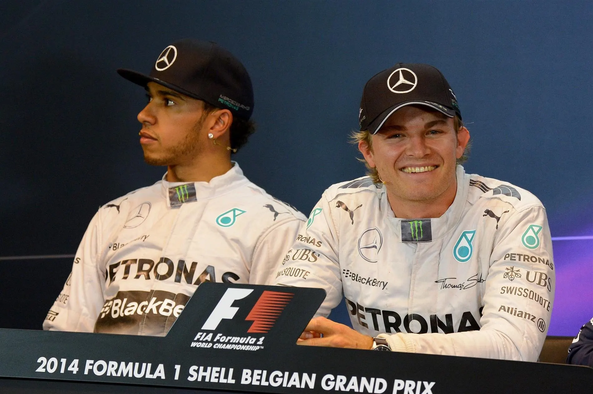 L to R): Lewis Hamilton (GBR) Mercedes AMG F1 (2nd) and Nico Rosberg (GER) Mercedes AMG F1 (pole position) in the post qualifying Press Conference. Formula One World Championship, Rd12, Belgian Grand Prix, Qualifying, Spa-Francorchamps, Belgium, Saturday, 23 August 2014 © Sutton Images. No reproduction without permission